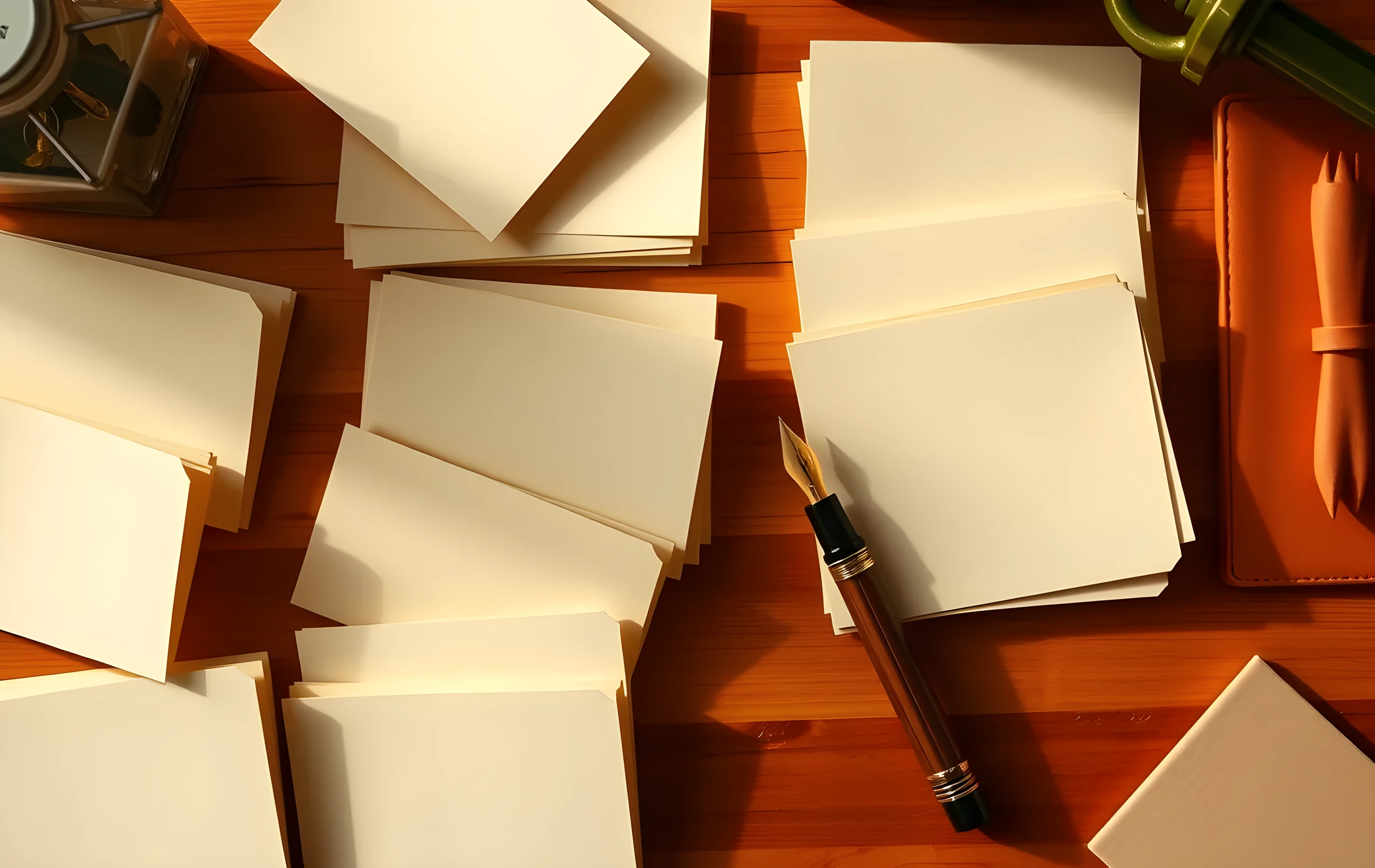 Neatly organized index cards and a fountain pen on a warm wooden desk