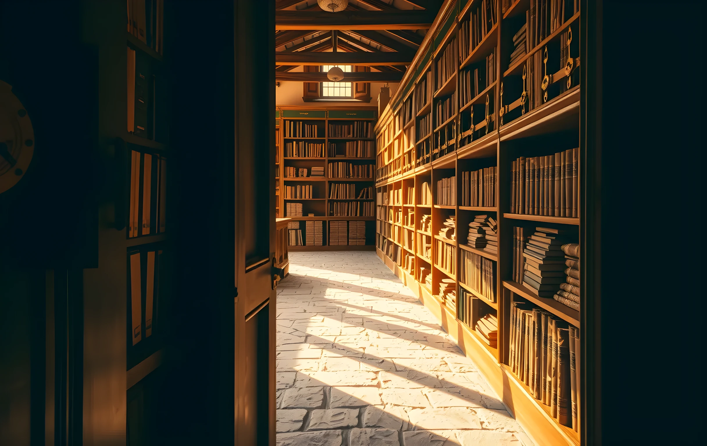 A sunlit archive room filled with towering wooden shelves holding neatly arranged leather-bound ledgers and brass measuring instruments, soft natural light casting long shadows across a worn stone floor