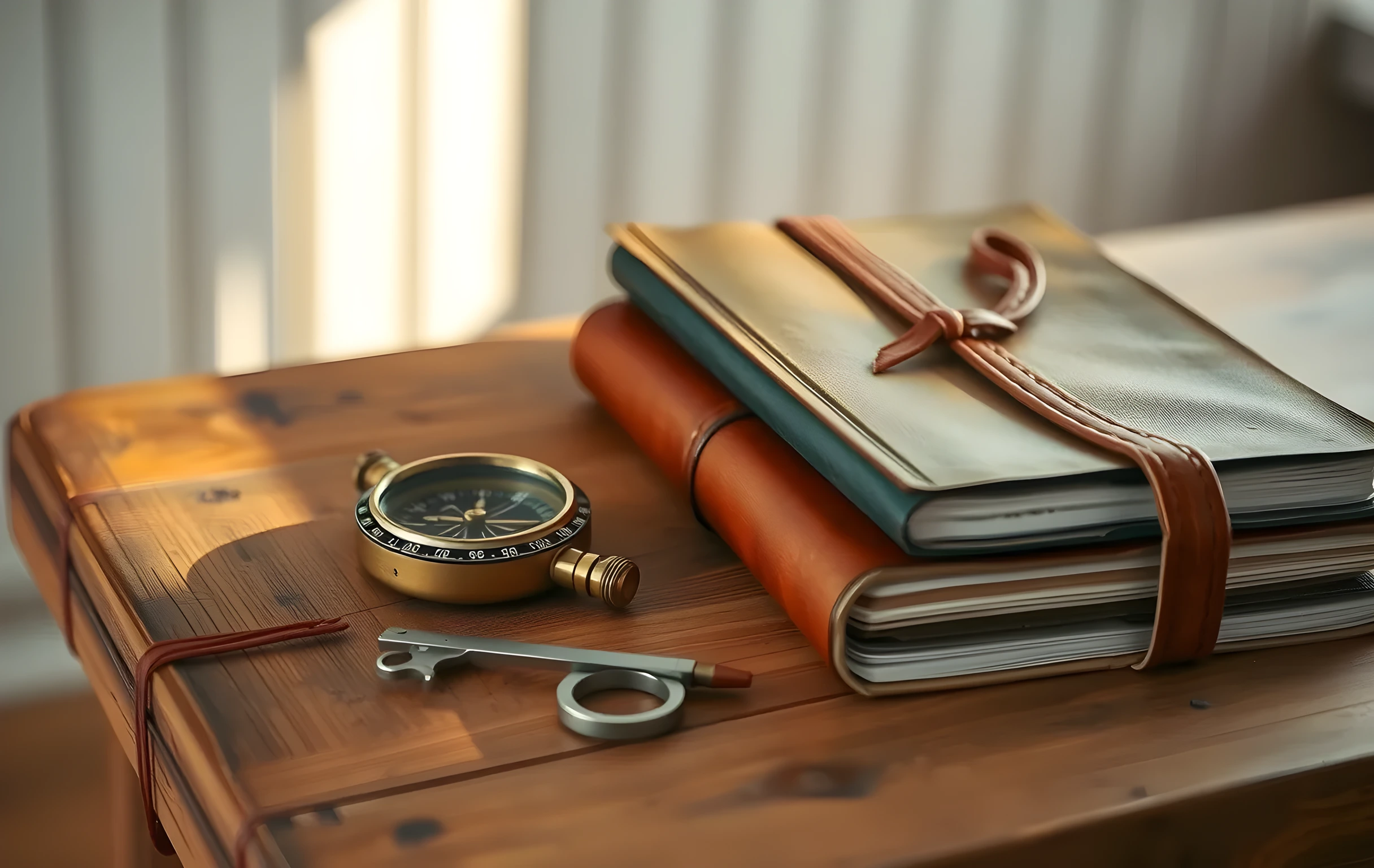 A weathered oak workbench displaying a brass compass resting beside a stack of aged leather journals, detailed wood grain and copper accents catching the warm afternoon glow