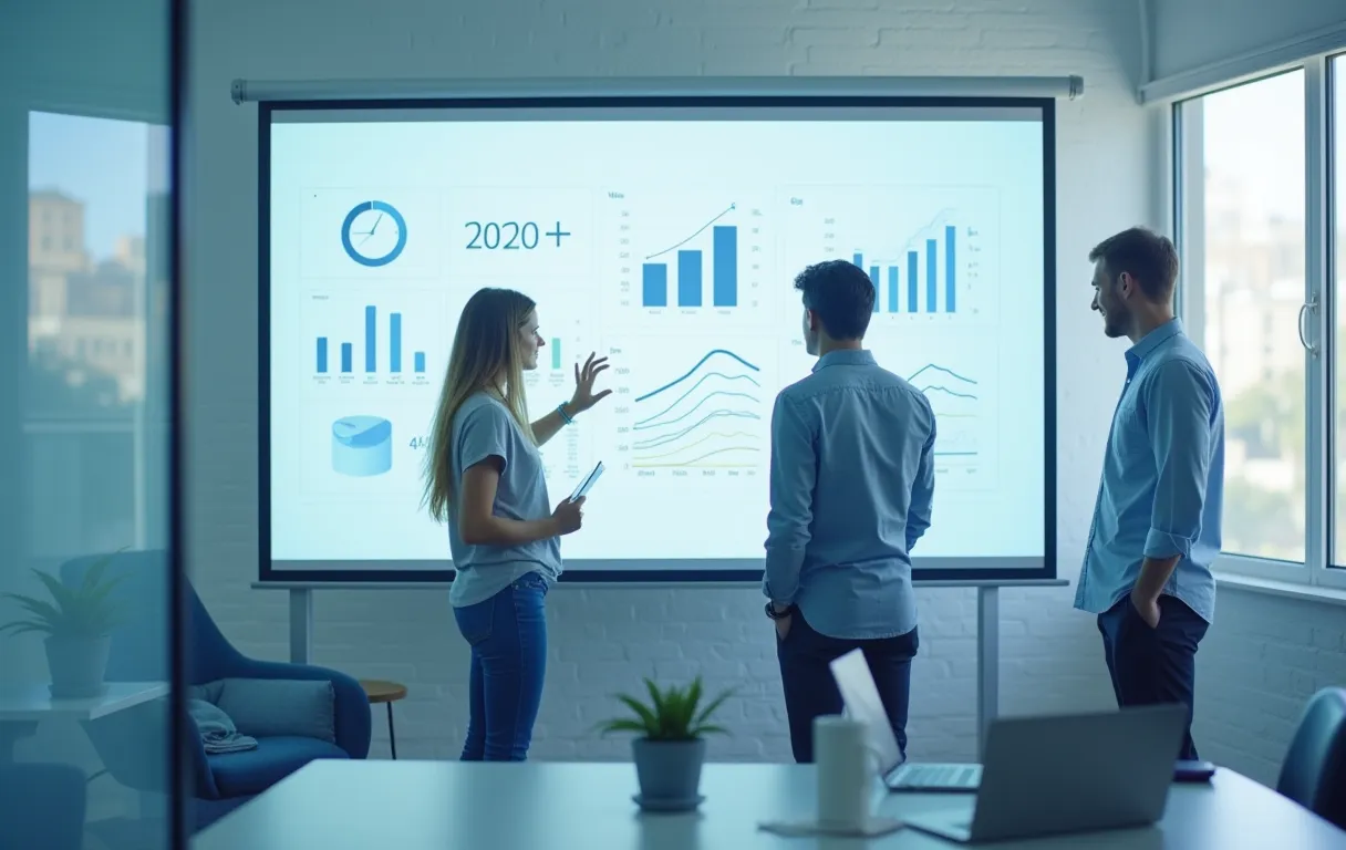A small team planning content strategy at a whiteboard in a bright office