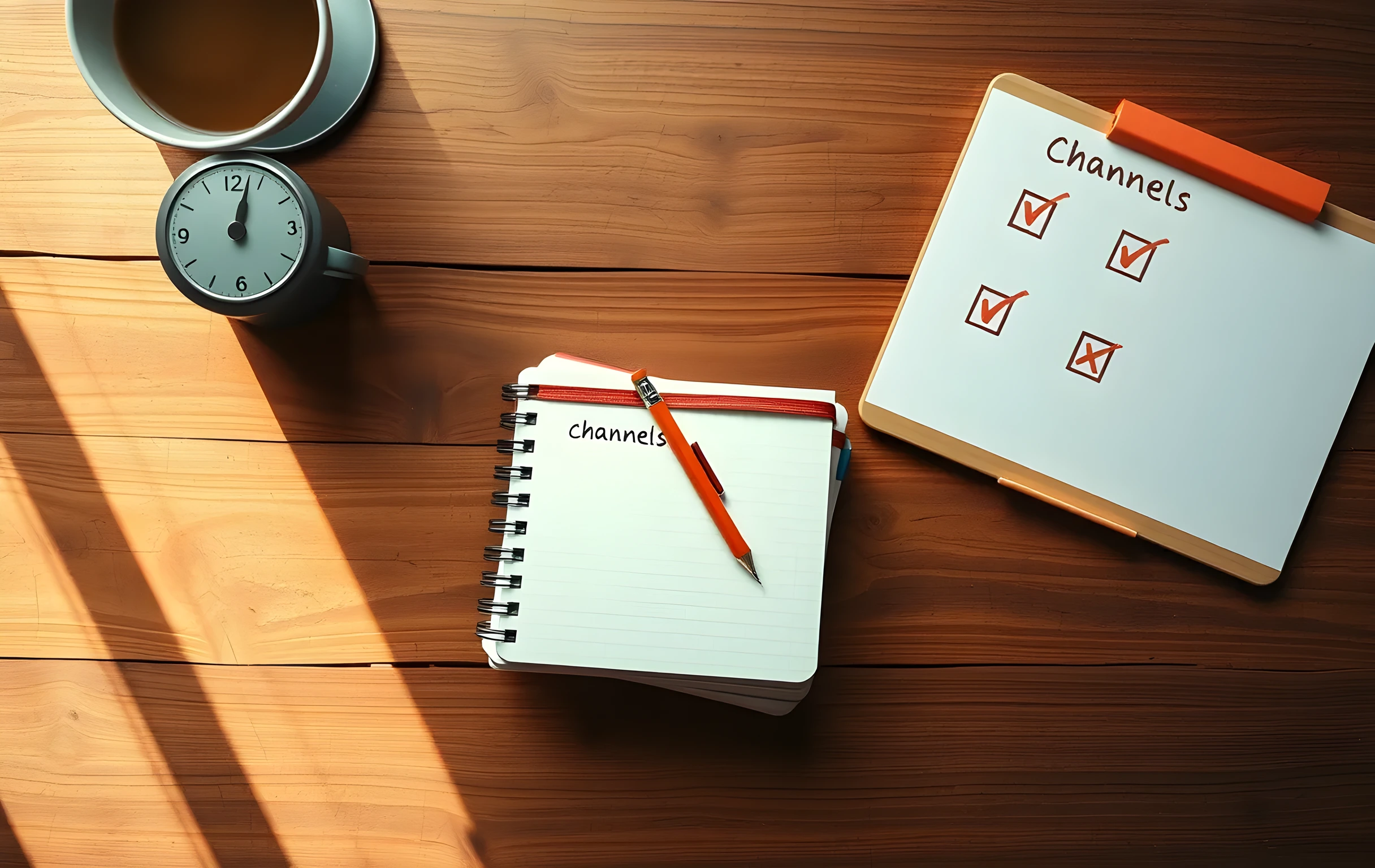 Overhead shot of a worn wooden desk with three stacked notebooks labeled channels, a single mechanical pencil, and a whiteboard showing a grid of nine handwritten checkmarks; natural window light, shallow depth of field