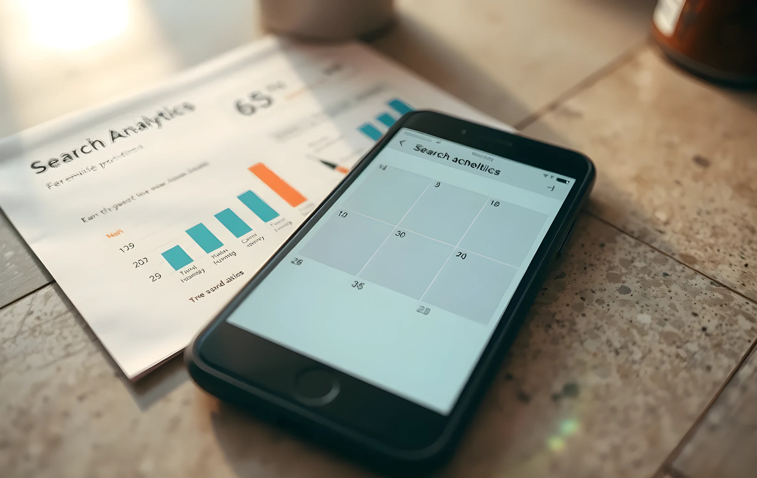 Close-up of a smartphone screen displaying a scheduling app with three calendar blocks filled, resting on a concrete countertop next to a printed search analytics report; cool morning light, tight framing