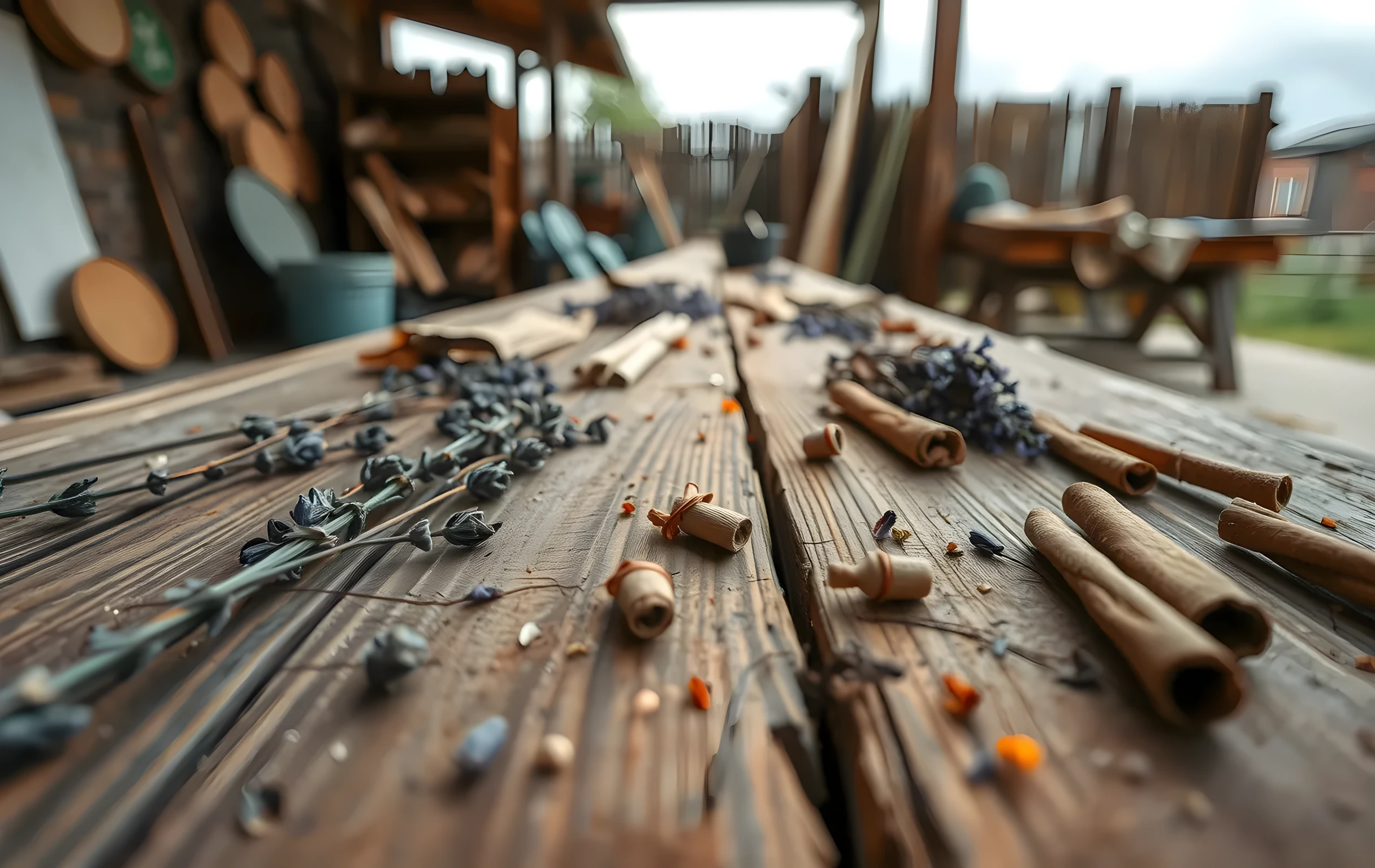 A wide outdoor setting showing a weathered wooden workbench under an overcast sky, scattered with dried botanical specimens like lavender sprigs and cinnamon sticks arranged in loose patterns, shallow depth of field focusing on aged wood grain and paper edges