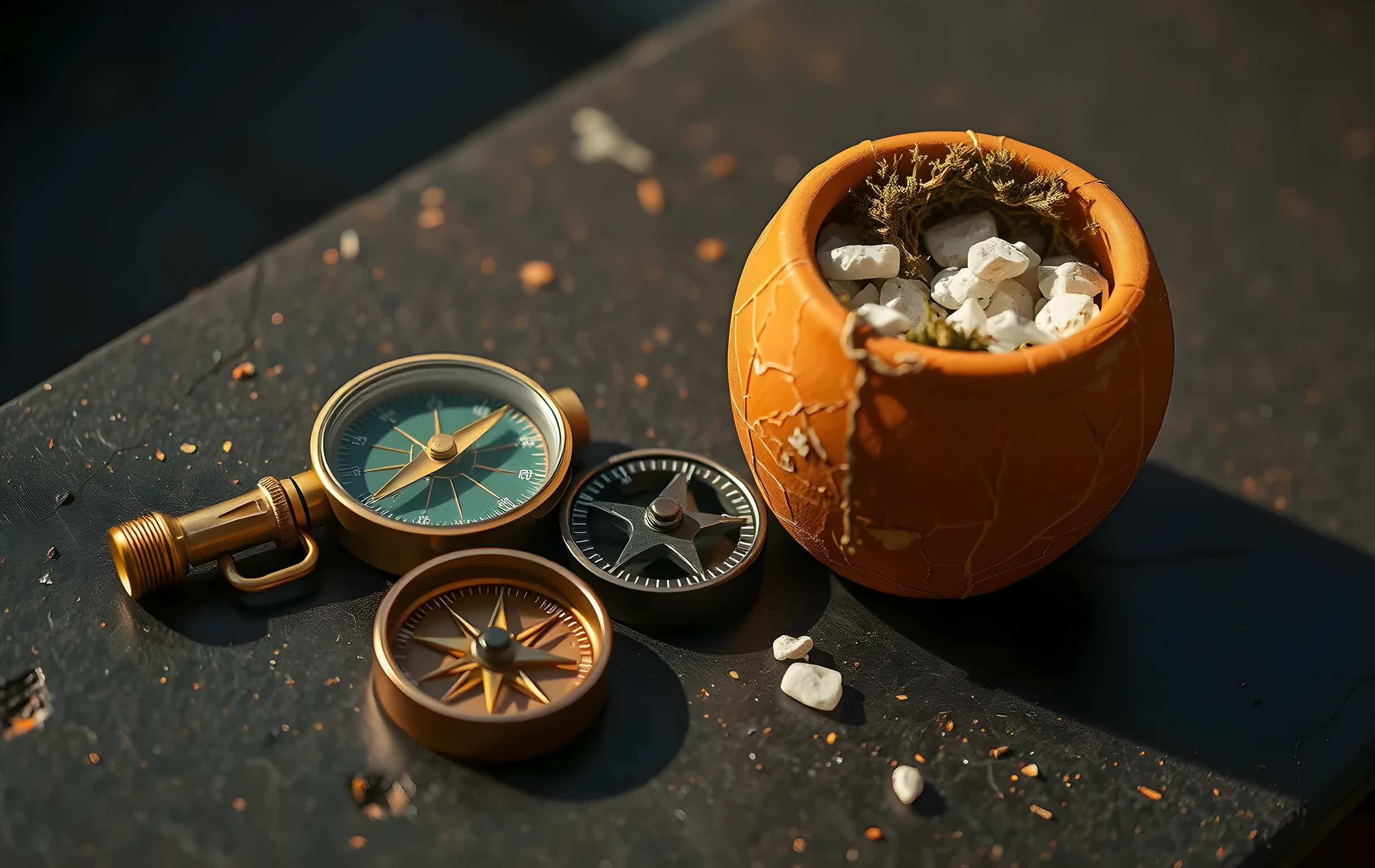 A close-up still-life on a dark stone surface featuring a single brass drafting compass resting beside a cracked terracotta pot filled with dry moss and tiny white quartz stones, warm directional lighting casting soft shadows, macro focus on metal wear and organic textures