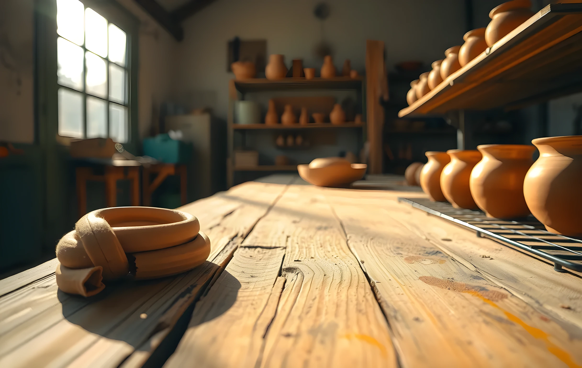 A wide shot of a sunlit, weathered wooden workbench in a quiet pottery studio. Coiled terracotta pots sit on a drying rack near a large frosted window. Dust motes float in the warm afternoon light. The focus is on the tactile contrast between raw clay and smooth glazed surfaces