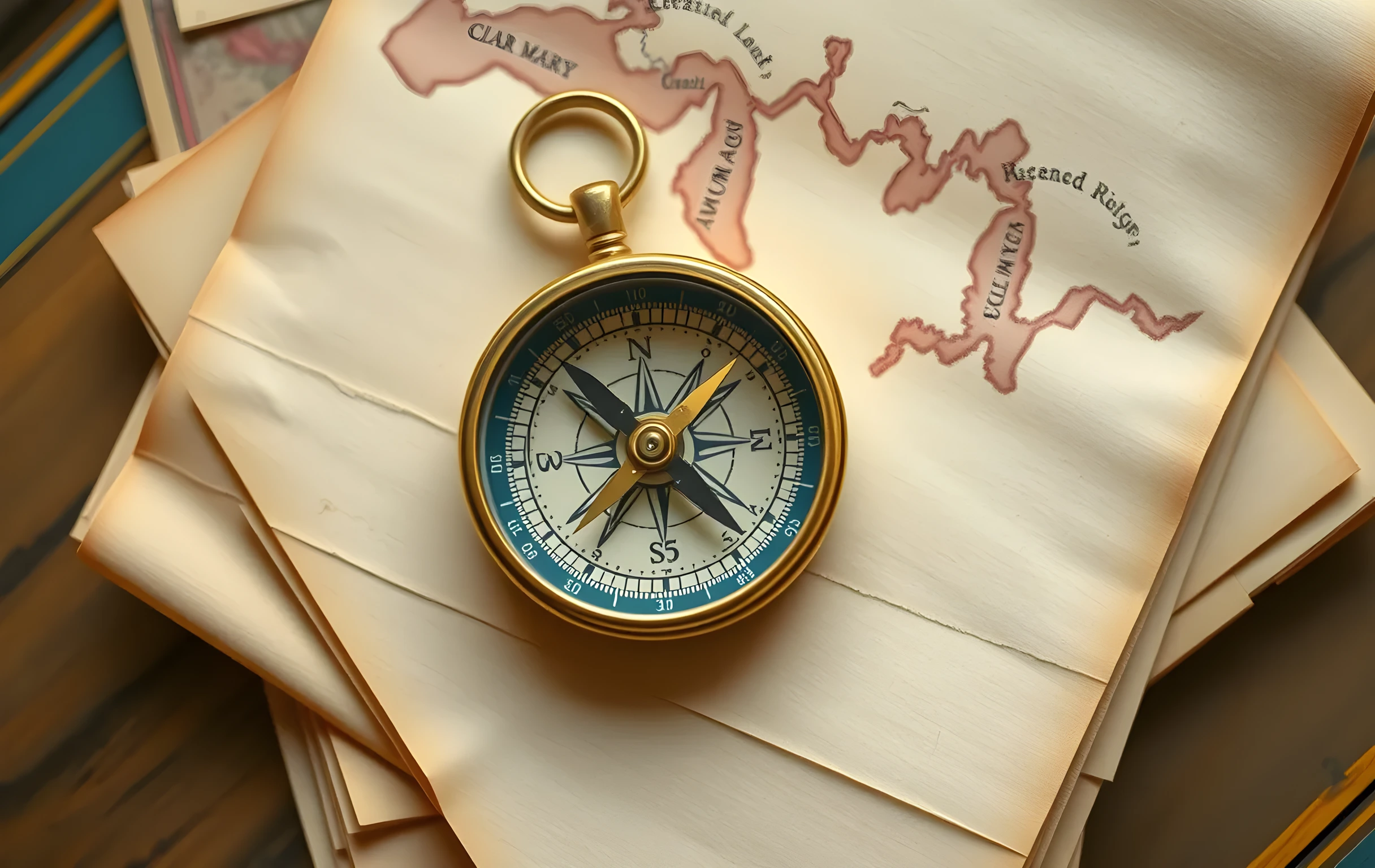 A close-up overhead view of a brass compass resting on a stack of aged linen paper maps. The compass needle points toward a faded ink illustration of a coastline. Soft diffused light catches the metal edges and the paper texture. No screens, no faces, no text