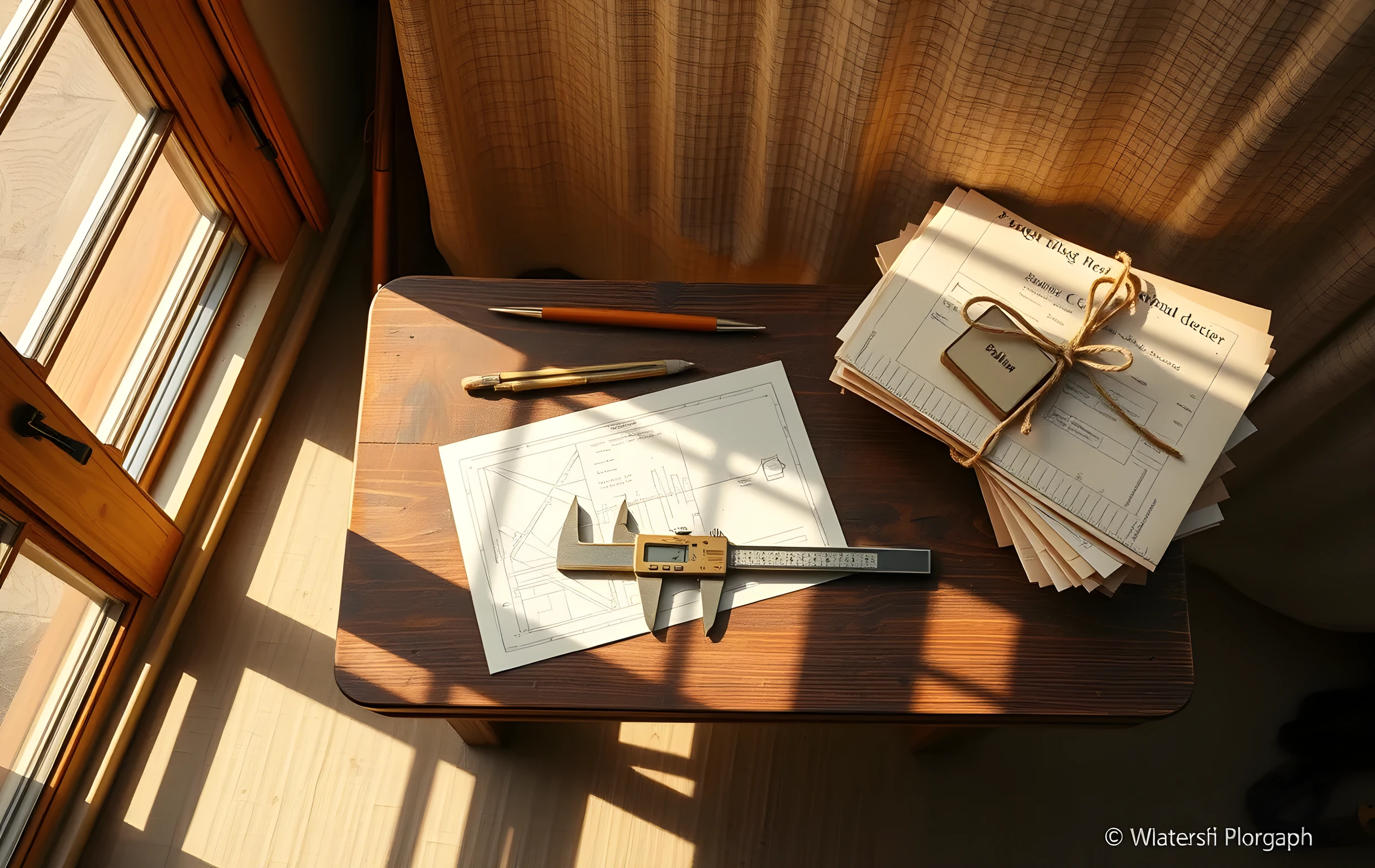 Una esquina de taller iluminada por el sol con una mesa de dibujo de madera desgastada, un calibrador de latón descansando sobre una hoja de papel cuadriculado y una pila de planos antiguos atados con cuerda, con luz natural cálida proyectando largas sombras sobre un fondo de lino texturizado