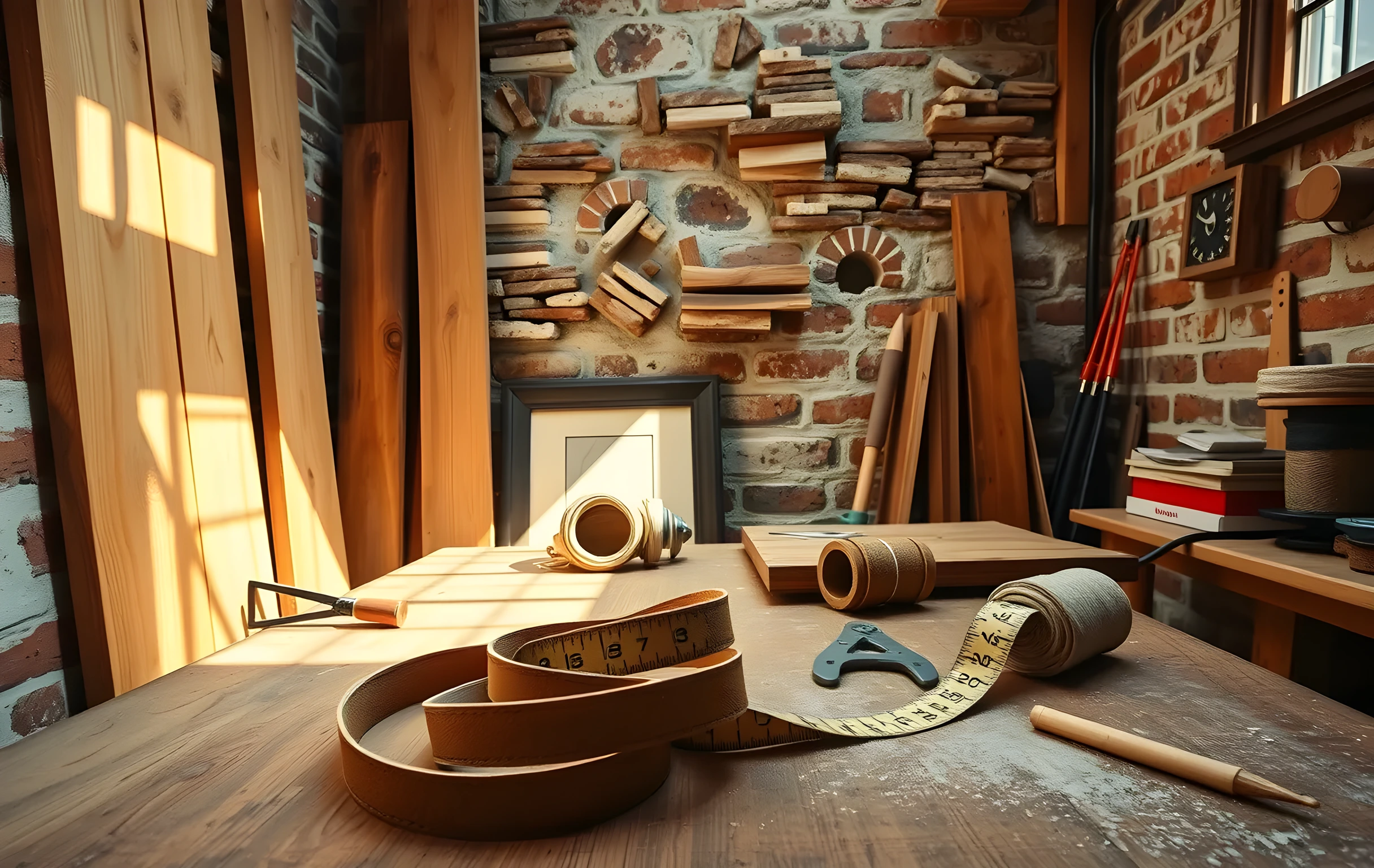 A sunlit workshop corner where rough-hewn cedar planks lean against a weathered brick wall, scattered with brass drafting compasses, rolled linen thread, and a worn leather measuring tape coiled neatly on a dust-moted wooden workbench