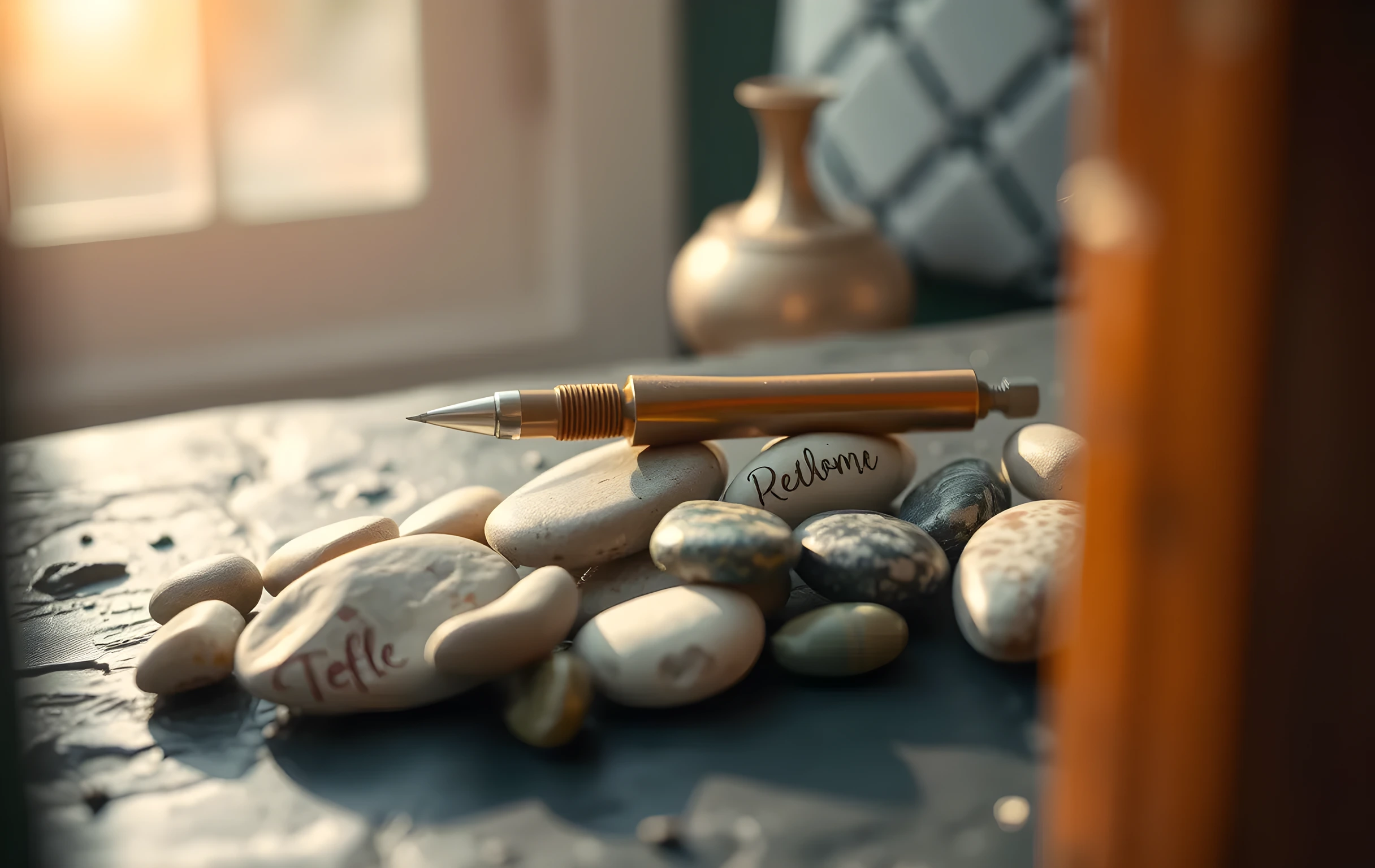 A macro shot of polished river stones arranged in a deliberate gradient on a dark slate surface, with a single copper caliper resting across them and soft morning light catching the fine grain of the stone edges