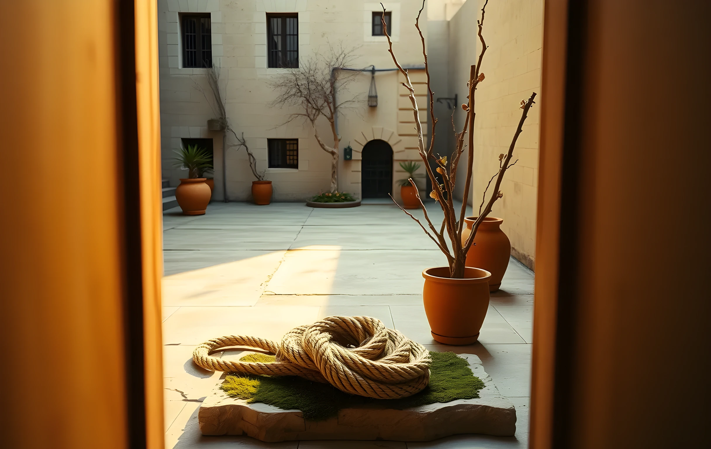 A sunlit concrete courtyard at dusk, scattered with weathered terracotta pots, dried eucalyptus branches, and a coiled hemp rope on a mossy stone slab, captured in warm editorial photography