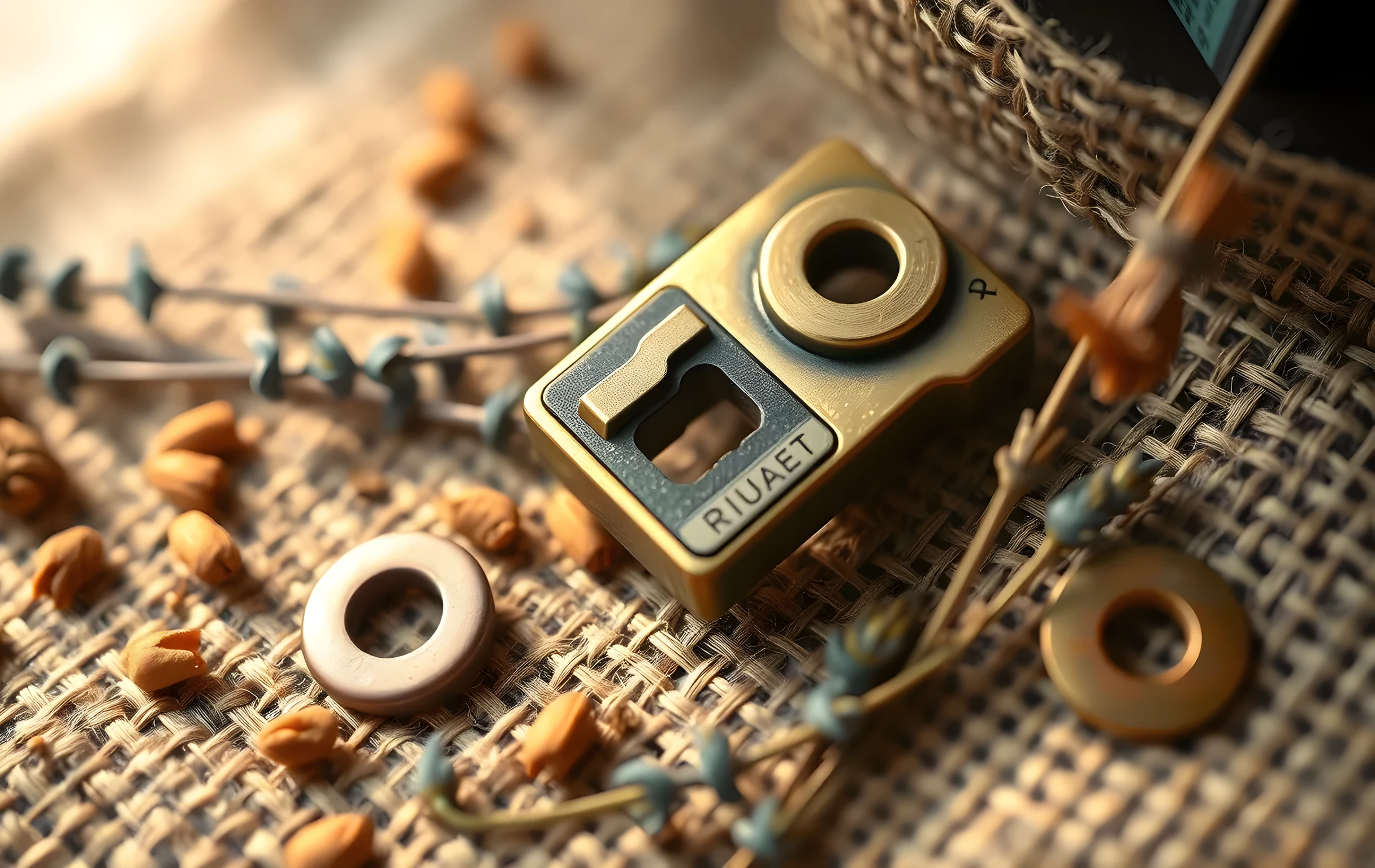 A close-up macro shot of a brass typewriter key resting on rough burlap fabric, surrounded by scattered dried lavender sprigs and a single copper washer, lit with soft directional morning light