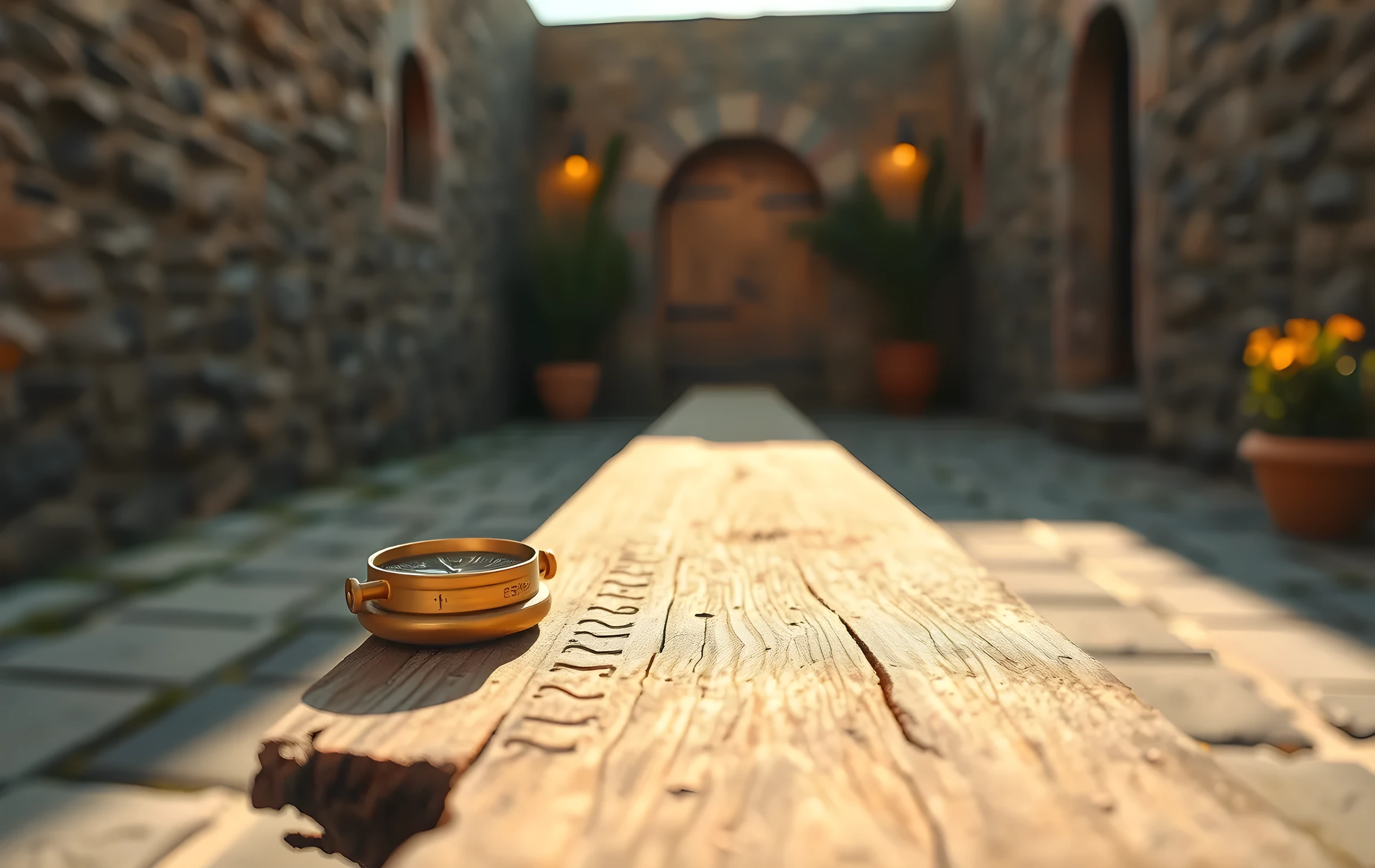 Un muro de piedra desgastado en un patio mediterráneo, bañado por la luz del sol de la tarde, con una única brújula de latón descansando sobre una tabla de madera rugosa. La escena captura textura y precisión silenciosa, enfatizando la medición sin desorden