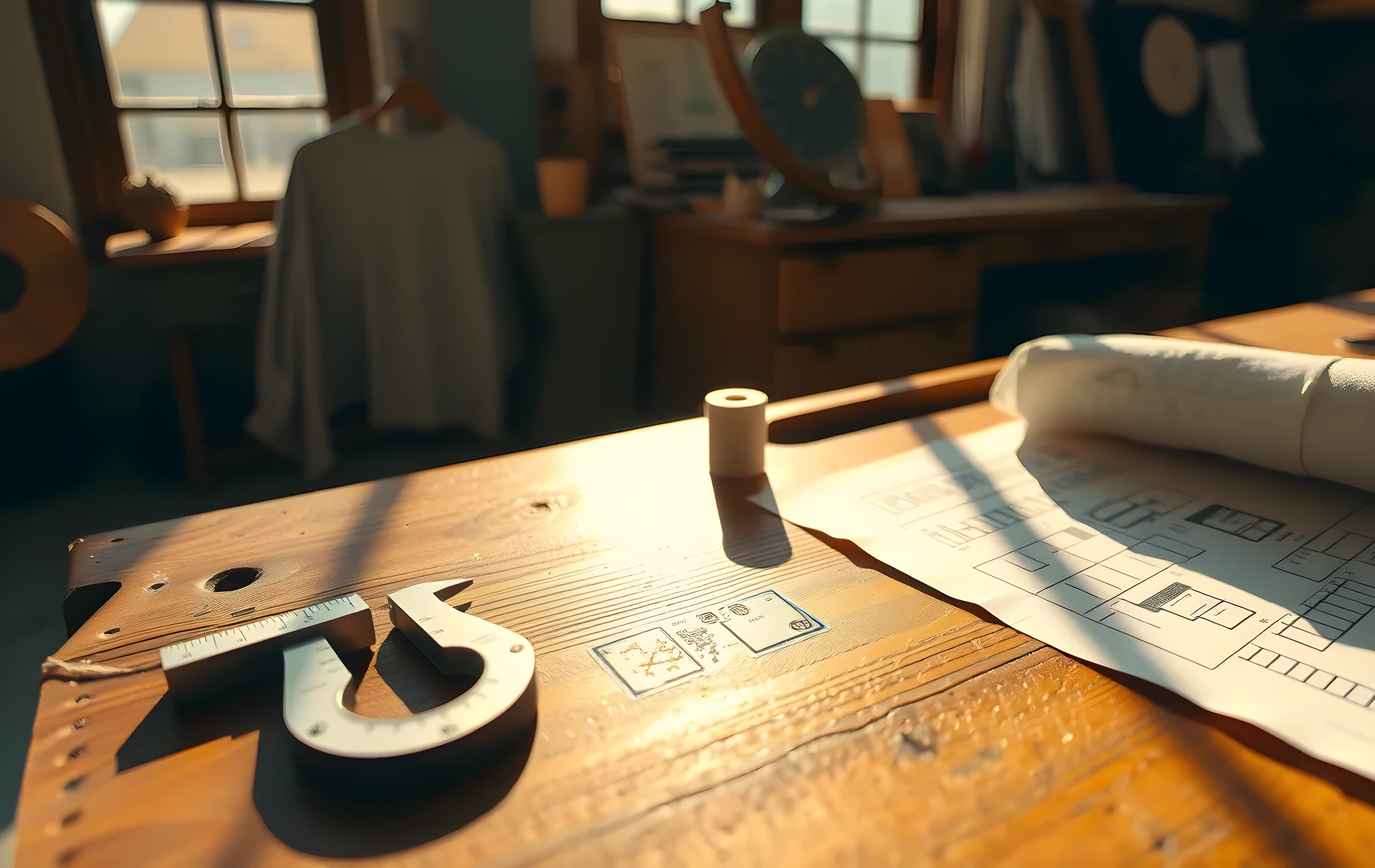 Un banco de trabajo de cuero desgastado en un estudio iluminado por el sol sostiene un calibrador de latón, un carrete de hilo de lino y un plano arquitectónico doblado. La luz cálida de la tarde proyecta largas sombras sobre la veta de la madera. La composición enfatiza la precisión táctil y la artesanía silenciosa