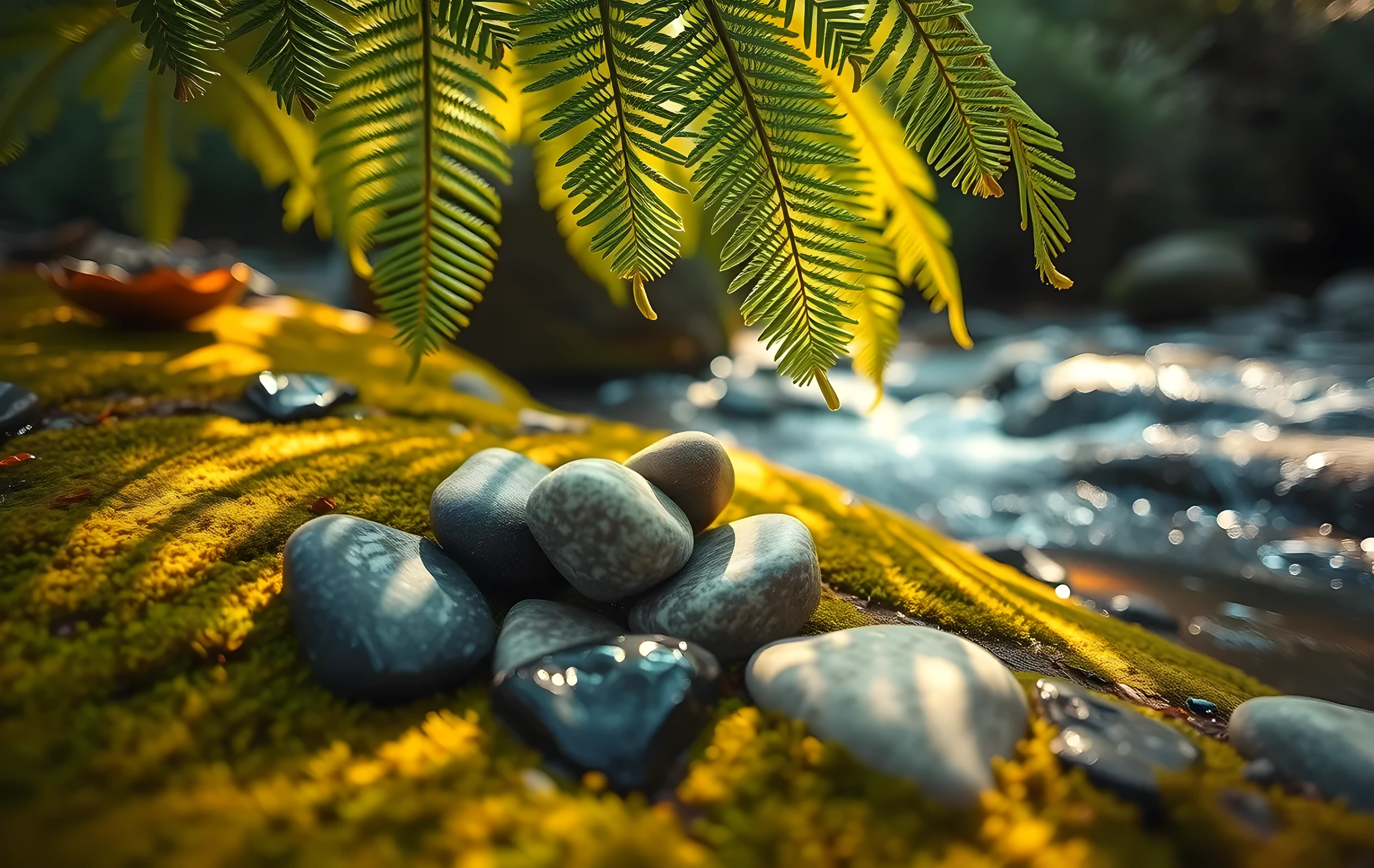 Un grupo de piedras de río lisas se encuentra sobre musgo húmedo cerca de un arroyo que fluye. La luz del sol se filtra a través de densas frondas de helecho, creando destellos moteados en las superficies húmedas de las rocas. La escena captura la resiliencia silenciosa y la alineación natural