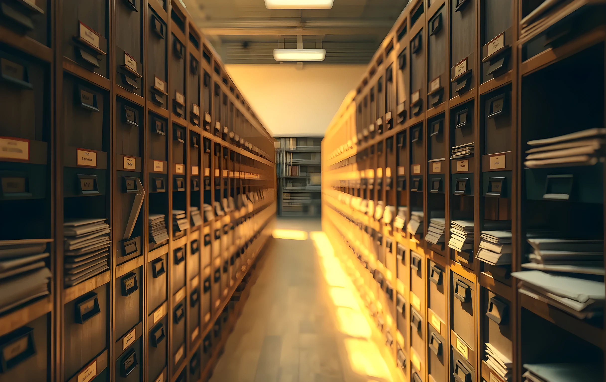 A sunlit, empty archive room with rows of wooden filing cabinets slightly ajar, revealing aged paper ledgers stacked neatly on brass rollers, soft dust motes hanging in the light