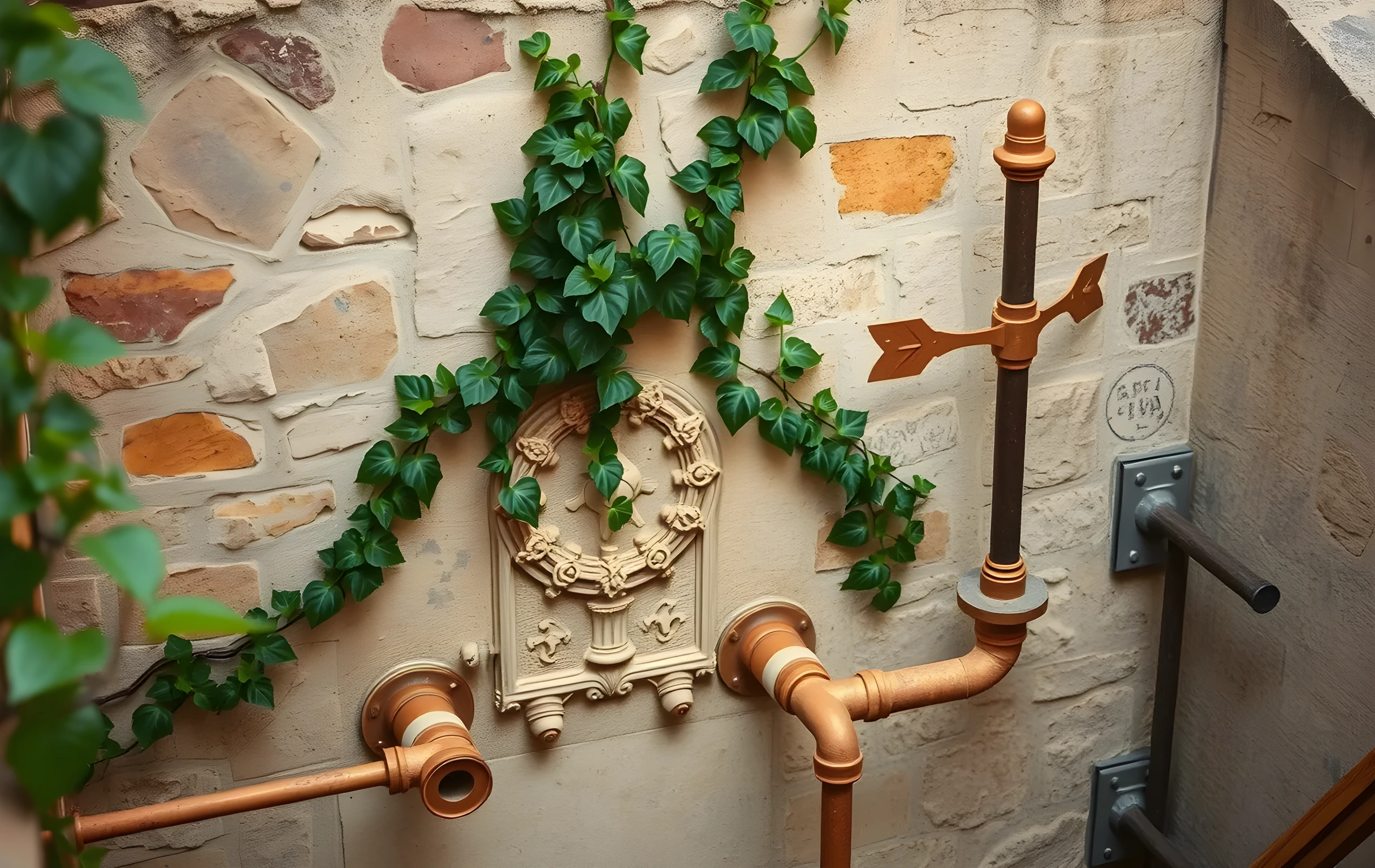 A weathered stone courtyard wall where ivy climbs over carved weather vanes and tarnished copper pipes, focusing on the contrast between rough masonry and smooth oxidized metal