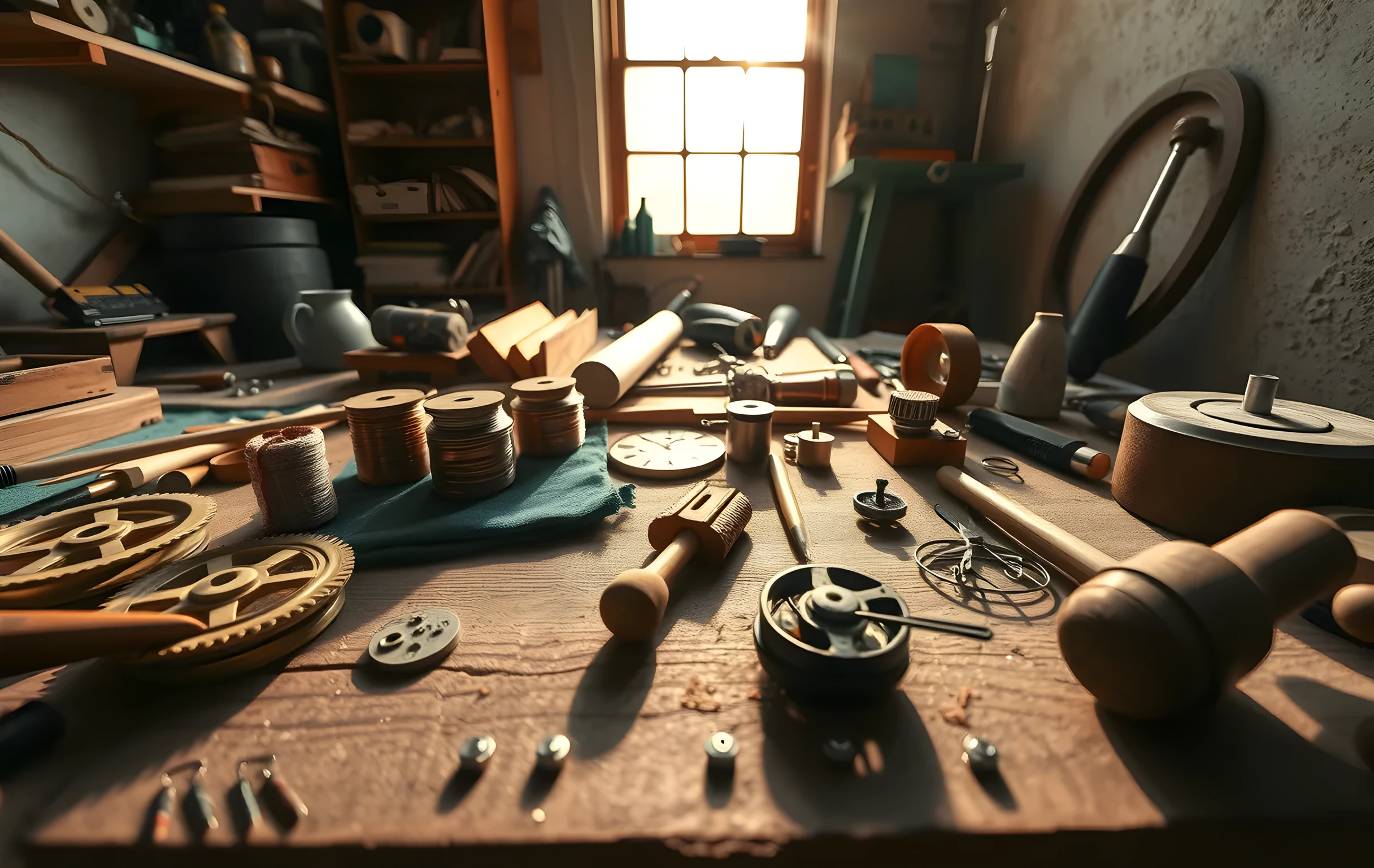 A sunlit cluttered workshop bench seen from a low wide angle: half-assembled brass clock gears, spools of copper wire, a wooden mallet, small oil-stained rags, and a disassembled music box mechanism spread across rough grain. Warm late-afternoon light streams through a dusty window at the back, casting long amber shadows. The overall mood is one of a thousand small parts that must fit together before any single piece matters. No people, no text, no screens