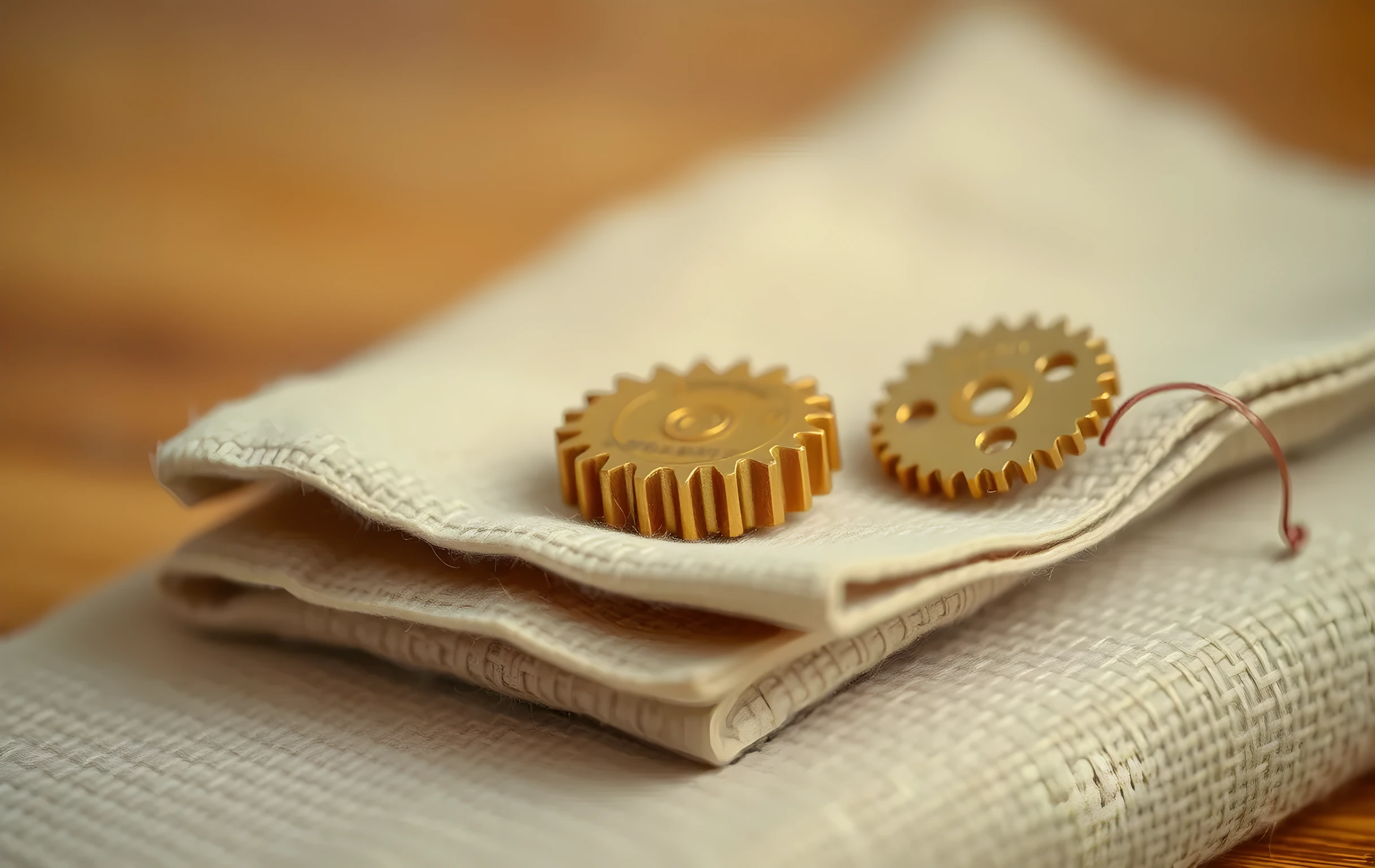 A tight close-up of a single tiny brass gear resting on a folded square of rough undyed linen fabric. Shallow depth of field blurs the background into warm cream and amber tones. The gear has fine teeth catching soft golden light, a small scratch along one tooth showing wear. A few loose strands of copper wire curl loosely in the out-of-focus background. Intimate scale, tactile textures, no people, no text, no screens