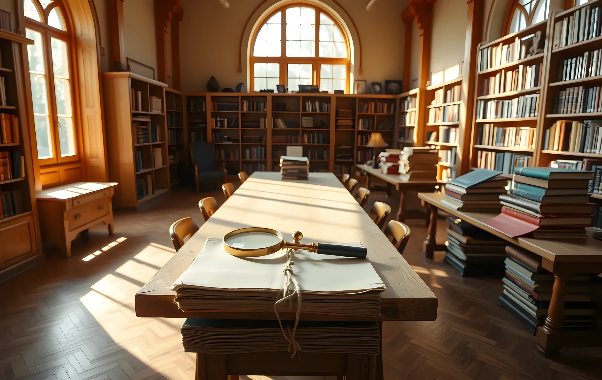 A sunlit library reading room with weathered oak tables, stacks of aged hardcover books, and a single brass magnifying glass resting on a linen cloth. Soft morning light filters through tall arched windows, casting long shadows across worn parquet flooring