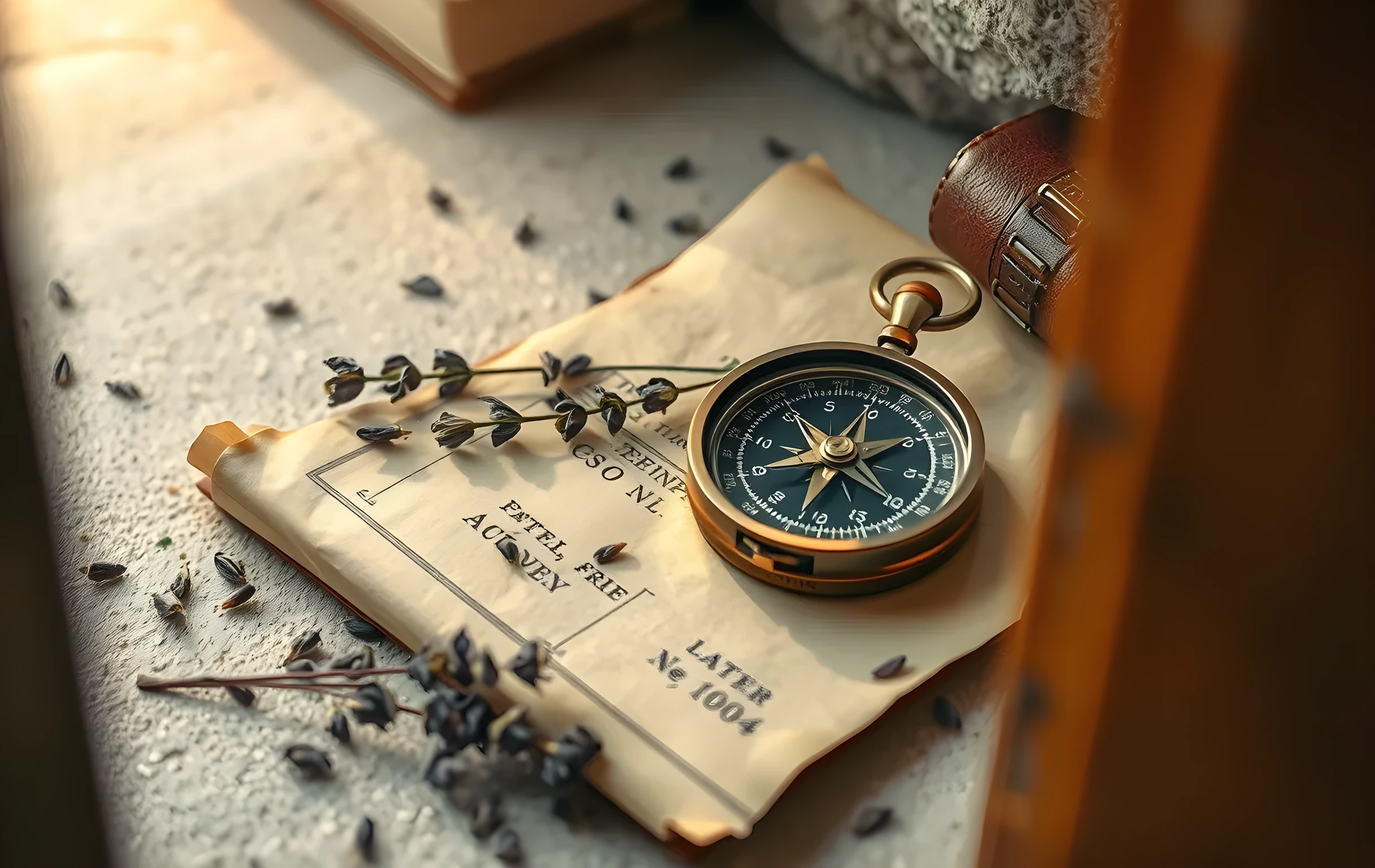 A close-up of a copper compass resting on a textured parchment map, surrounded by scattered dried lavender sprigs and a faded leather journal. Warm directional light highlights the metal patina and the rough paper grain against a neutral stone surface