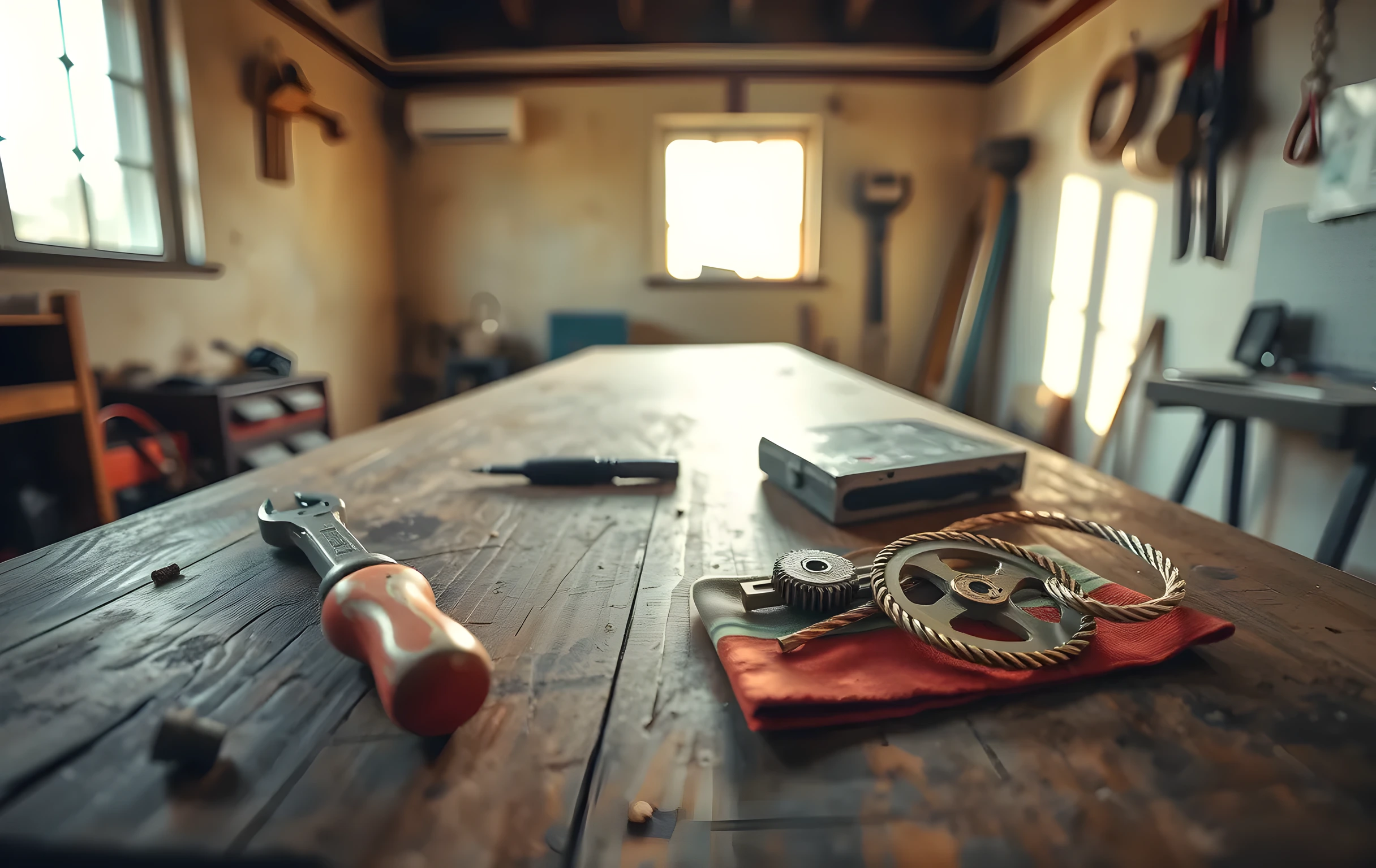 A wide-angle view of a sunlit workshop bench in a small rural garage, late afternoon light streaming through a dusty window. Scattered across the scarred wooden surface are a handful of hand tools: a worn flathead screwdriver, a pair of pliers with chipped red paint, a short length of braided copper wire, and a small brass gear resting on a folded cloth rag. The walls behind show faint tool shadows and a single pegboard hook. Warm amber tones, shallow depth of field pulling focus to the center of the bench, editorial still-life photography