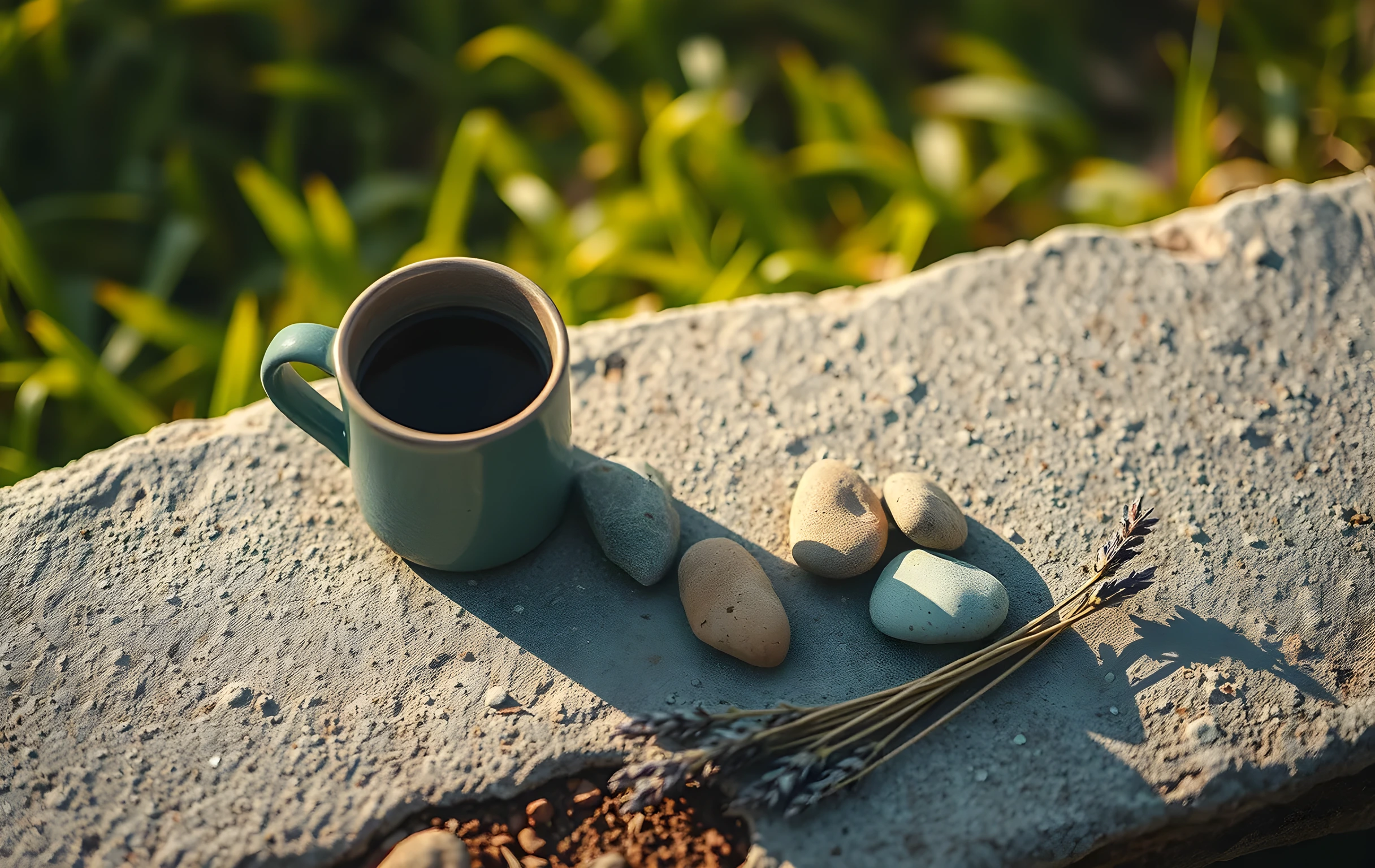 A tight close-up of a single ceramic mug filled with dark liquid, sitting on a rough poured-concrete surface outdoors. Beside it, a small pile of smooth river stones in grey and rust tones, and a short sprig of dried lavender lying flat. Soft morning light from the left casts long gentle shadows. The background is a soft blur of green hillside grass. Shallow depth of field, warm natural color palette, quiet editorial detail shot