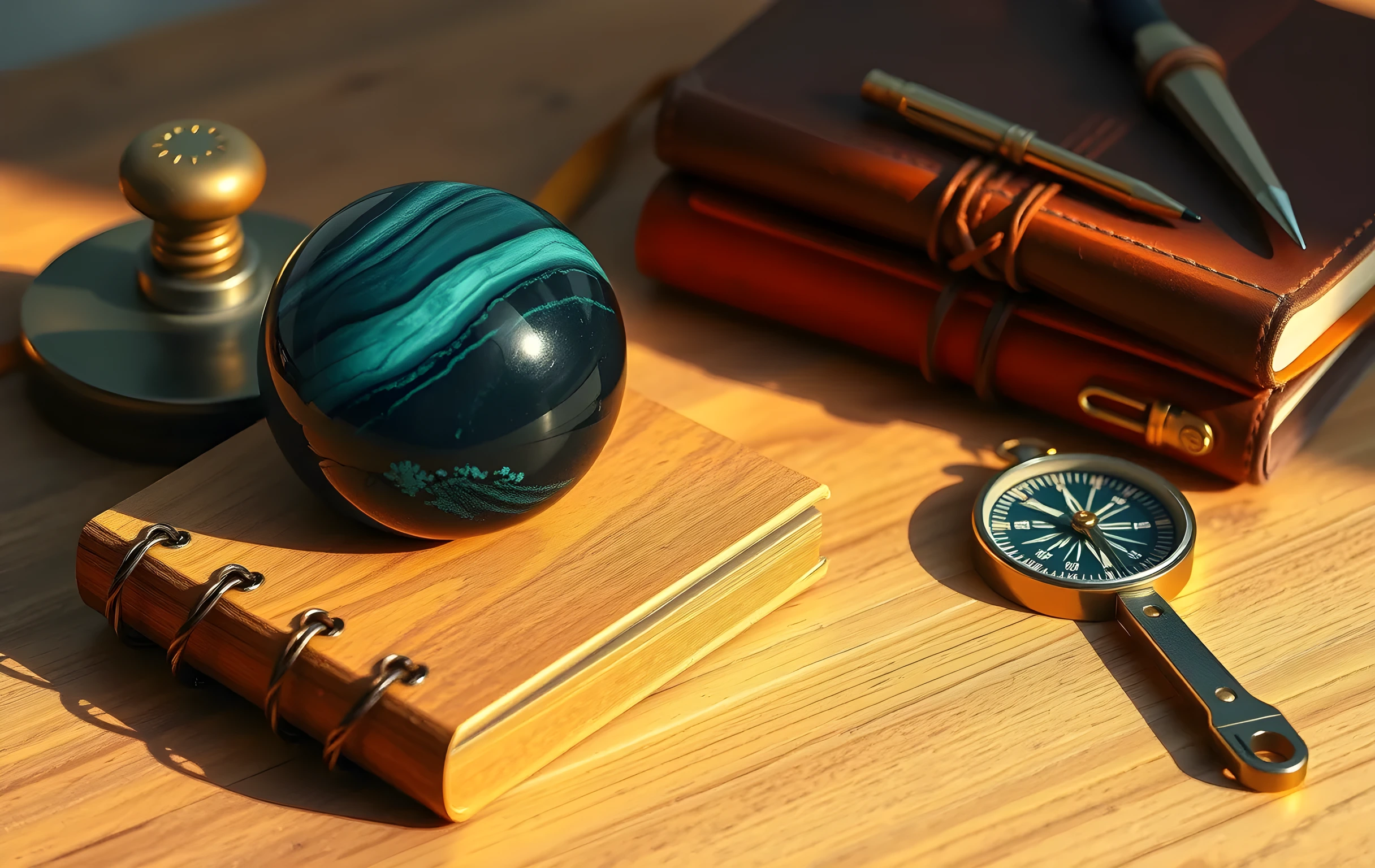 A minimalist desk composition featuring a polished obsidian paperweight resting beside a stack of aged leather-bound notebooks and a brass compass on a warm oak surface. Soft directional lighting highlights the grain of the wood and the subtle reflections on the metal