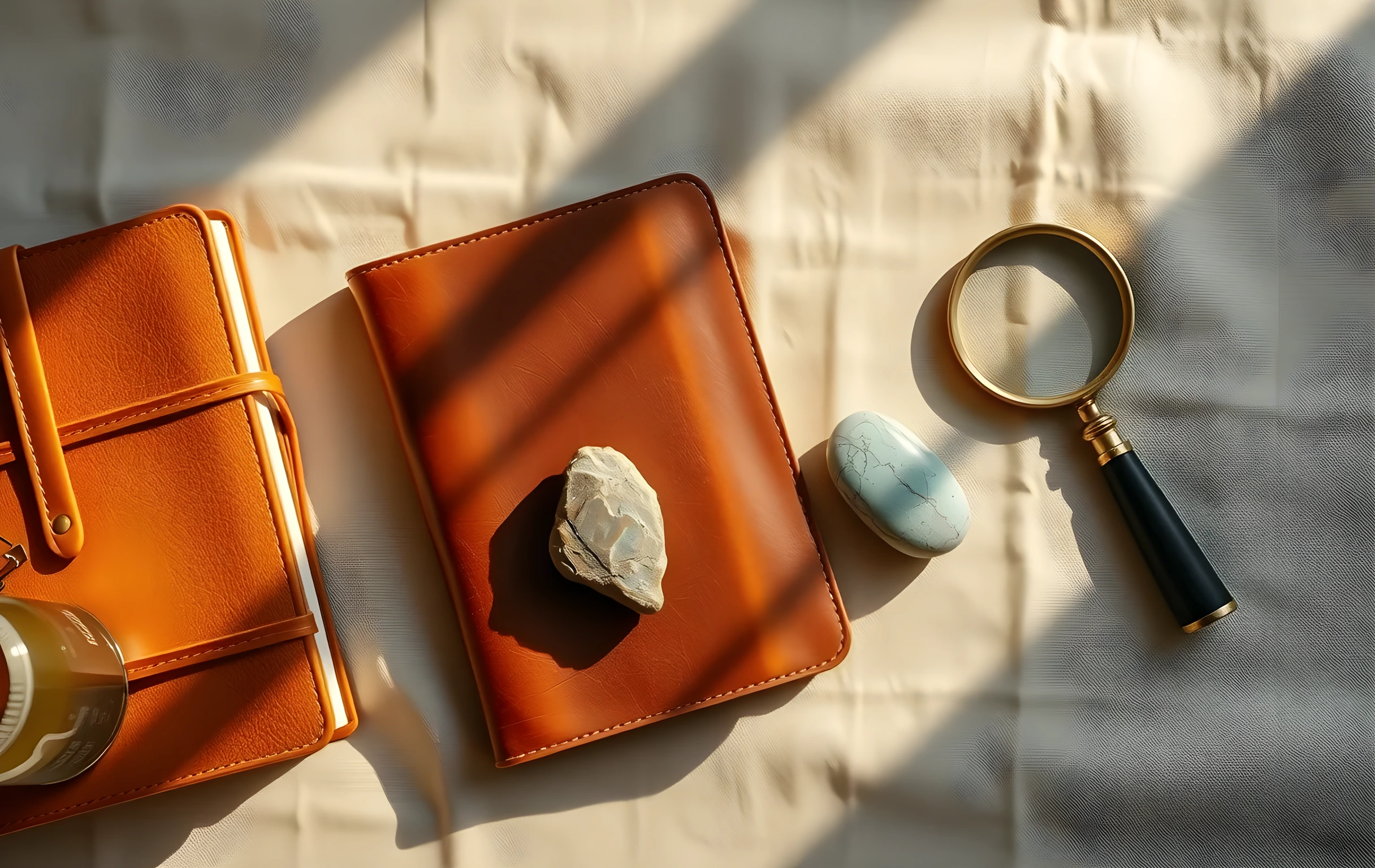 A top-down flat lay showing a weathered leather journal, a polished river stone, and a vintage brass magnifying glass arranged on a textured linen cloth in soft golden hour light. The composition emphasizes tactile materials and natural shadows without any digital devices or signage