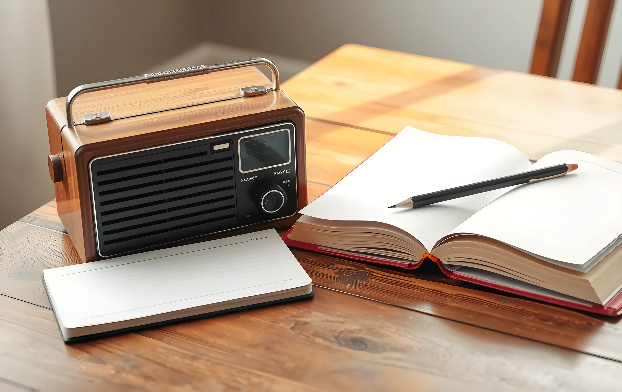 Una radio vintage junto a un cuaderno abierto sobre una mesa de roble