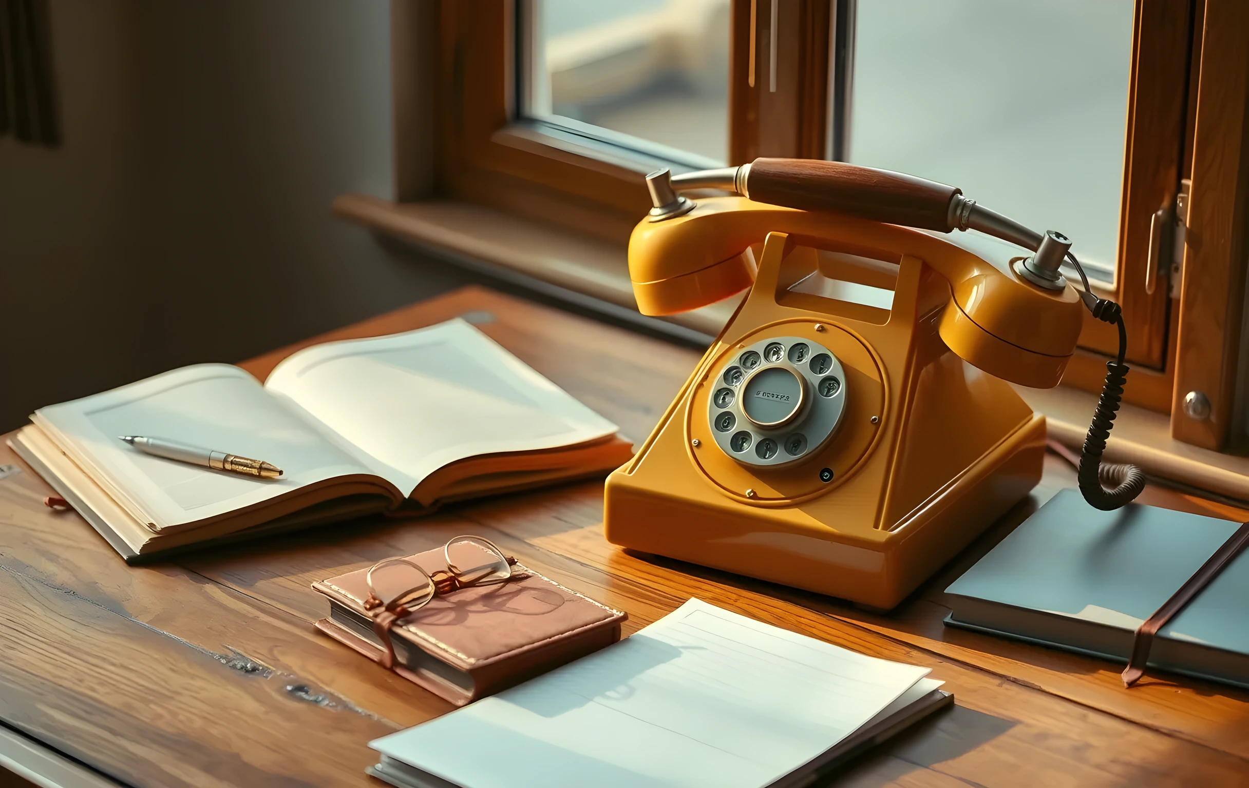 Un teléfono vintage sobre un escritorio de madera con luz natural cálida