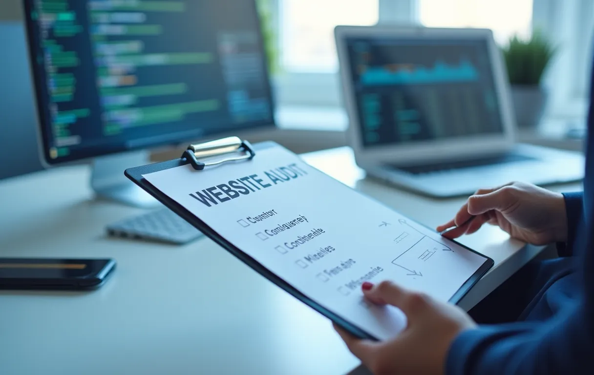 Una persona tachando elementos de una lista de verificación impresa de auditoría web junto a una laptop que muestra un sitio web
