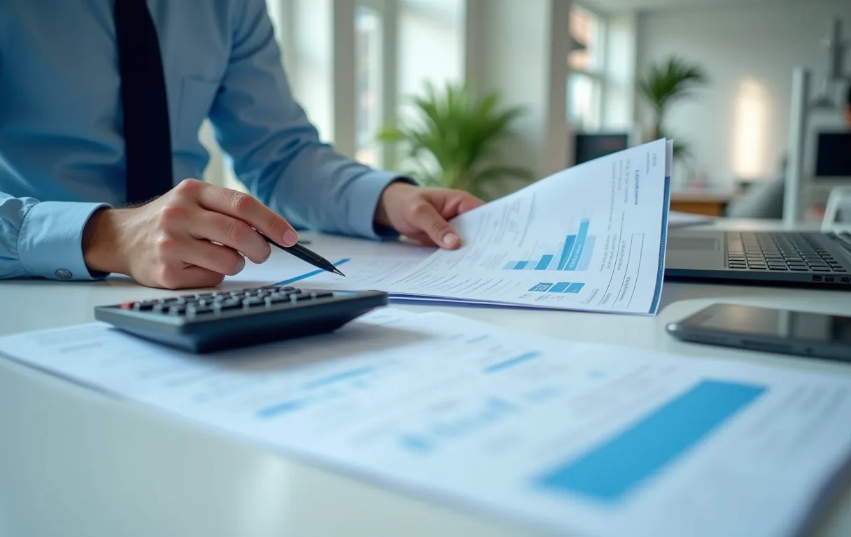 A business owner comparing service quotes on paper at a clean desk with a calculator