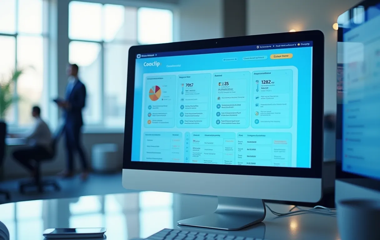 A website audit report dashboard showing scores and issues on a monitor