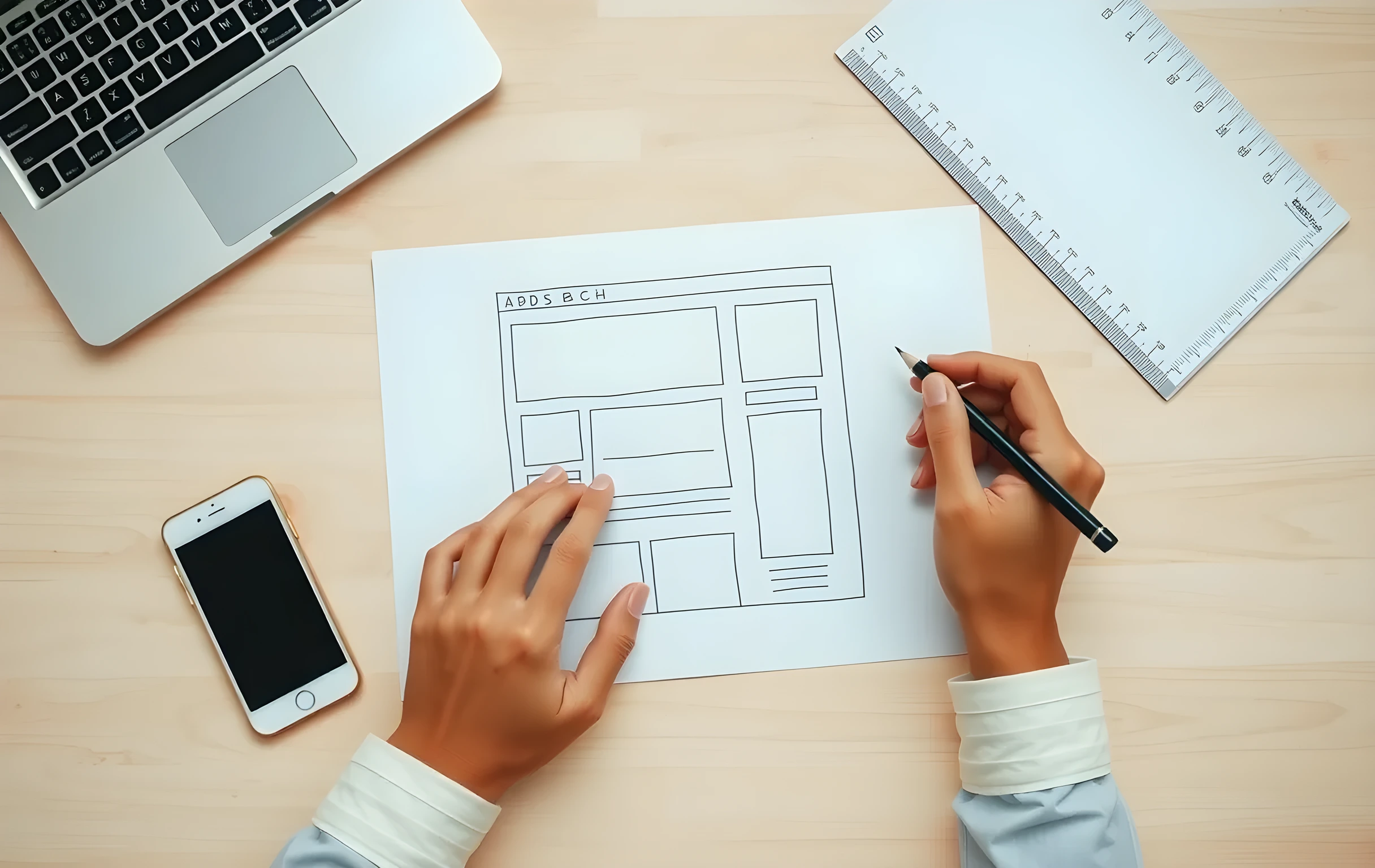 Sketching a website wireframe on paper during a UX review, laptop and smartphone nearby