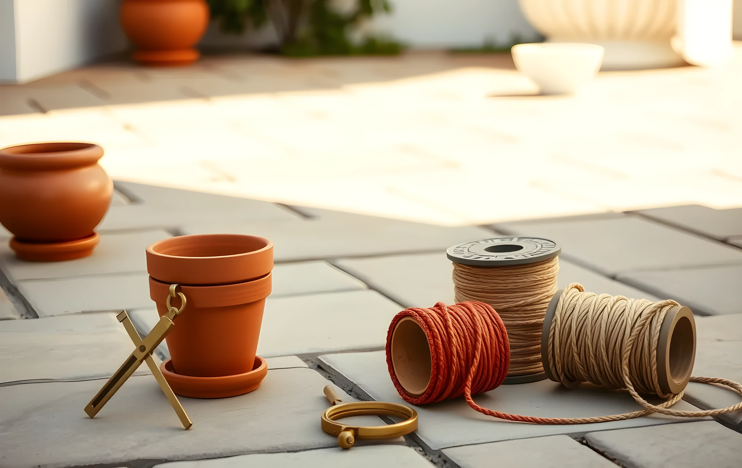 A sunlit stone patio with stacked terracotta planters, a brass drafting compass, and a spool of waxed linen cord arranged in a loose geometric pattern