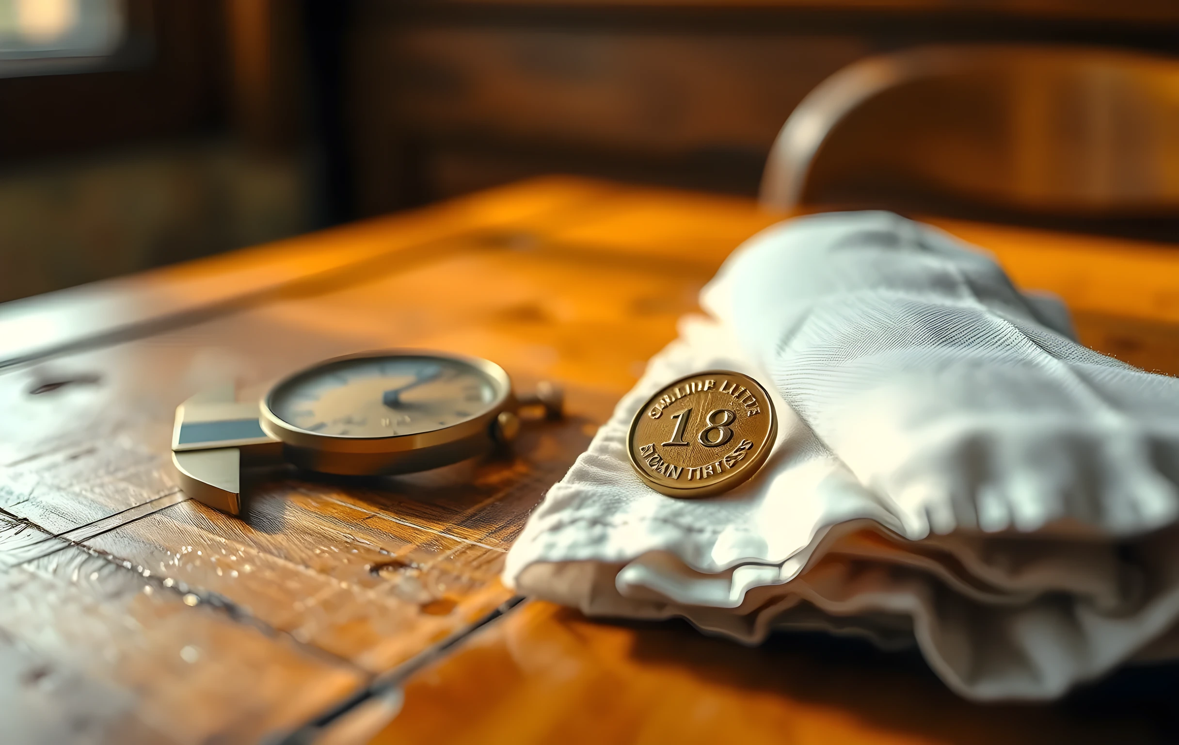 A close view of a weathered oak table showing a brass caliper resting beside a folded linen napkin and a single copper coin, lit by late afternoon window light