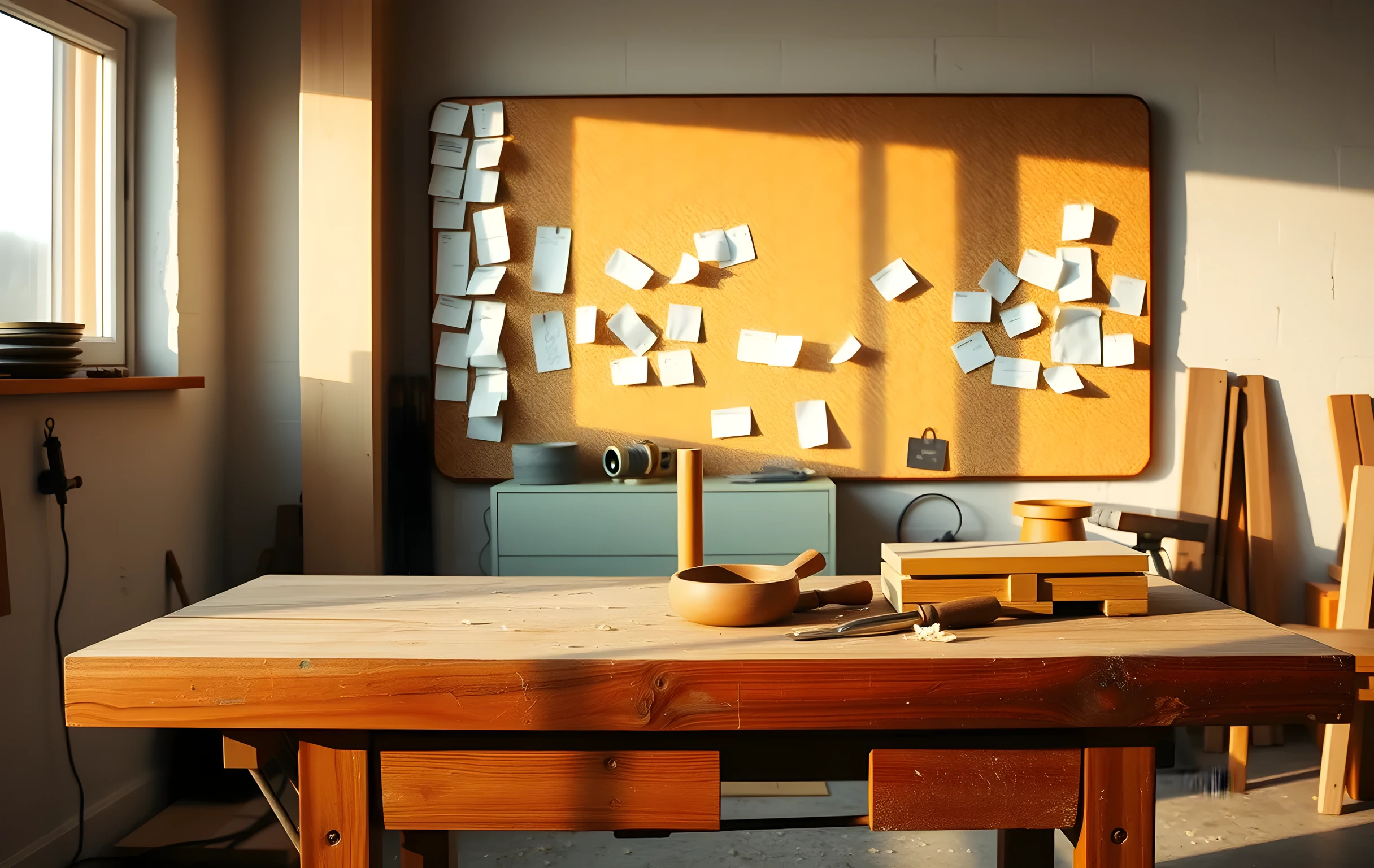 A wide interior shot of a small woodworker's studio in late afternoon. A large corkboard on the back wall is covered with hand-drawn arrows, small pinned index cards, and torn paper notes forming an informal diagram. A heavy oak workbench in the foreground holds a half-sanded wooden block, a few chisels in a clay pot, and wood shavings curling across the surface. Warm golden light rakes through a single window on the left, casting long shadows. The mood is focused, tactile, slightly messy. No text, no screens, no faces