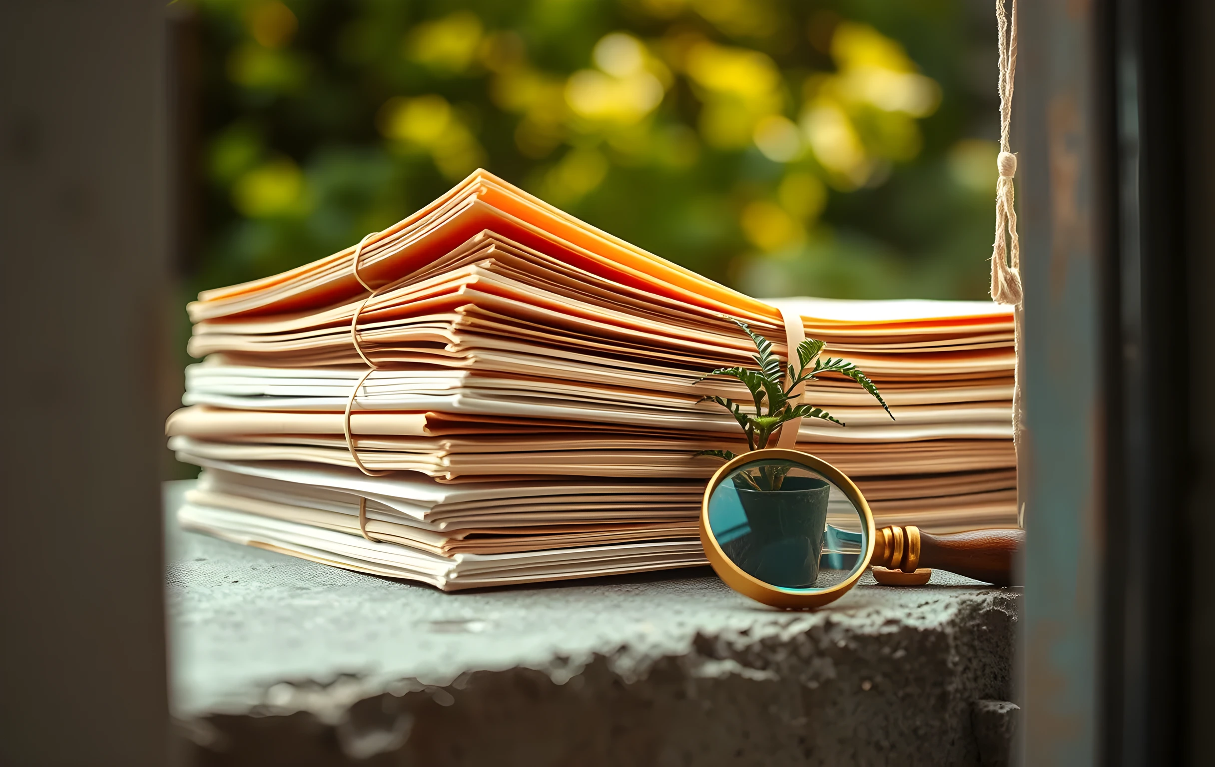 A close-up detail shot of a thick stack of manila folders bound with two rubber bands, sitting on a rough poured-concrete ledge outdoors. One folder is slightly open, revealing the layered edges of dozens of cream-colored pages like geological strata. Beside the stack rests a small brass magnifying glass with a dark wooden handle and a tiny potted fern with one curling frond. Soft diffused daylight from above. Shallow depth of field blurs the background into a warm green wash. No text, no hands, no faces