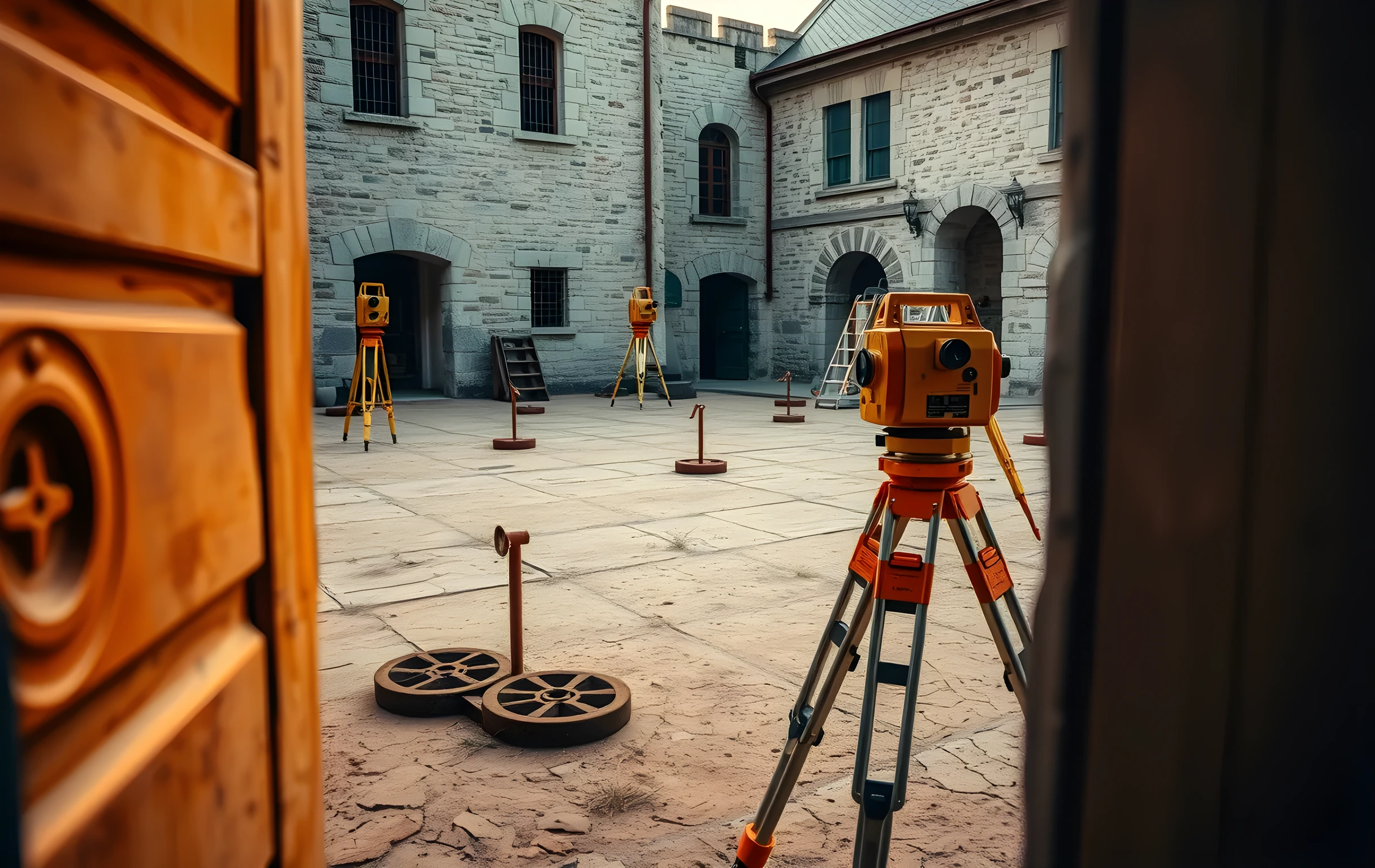 A wide shot of a weathered stone courtyard at dusk, scattered with rusted iron surveying markers and a brass theodolite resting on a tripod. The ground is cracked earth with sparse dry grass, evoking measurement and foundational work