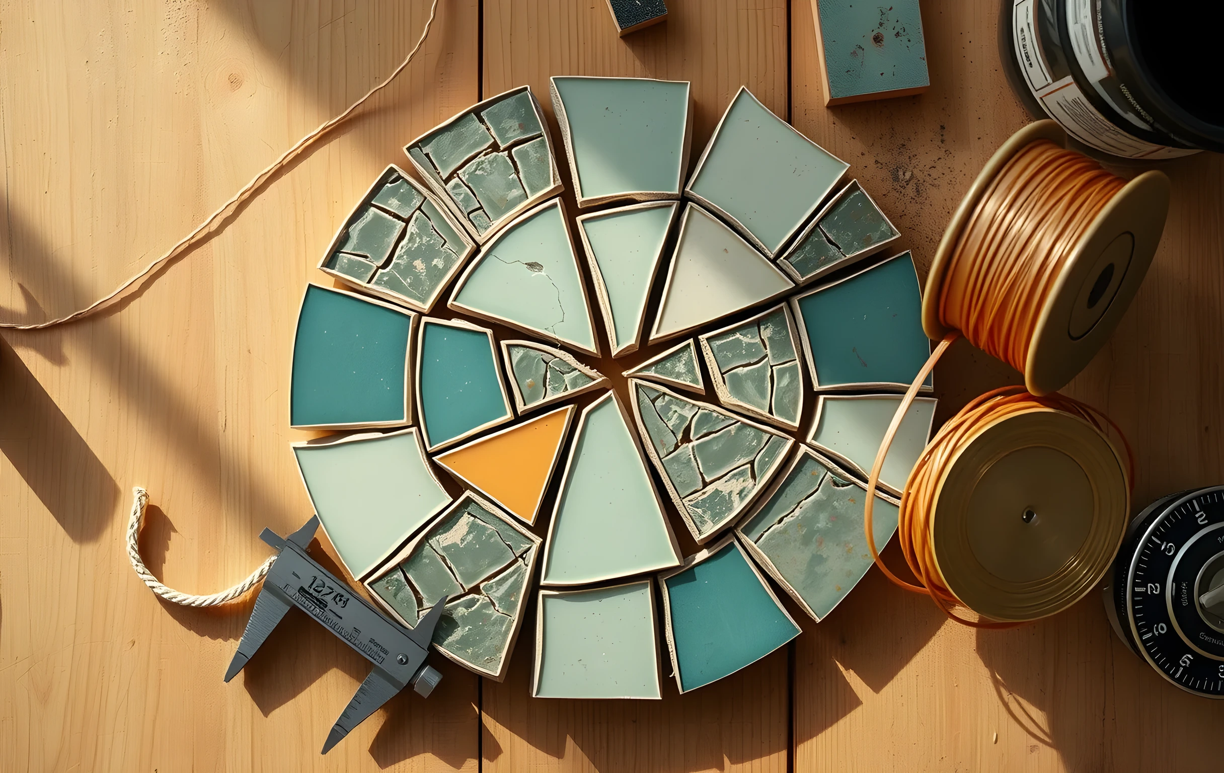 A close-up still life of a fractured ceramic tile mosaic on a wooden workbench, with a brass measuring caliper and a spool of copper wire resting beside it. Warm directional light catches the rough glaze and metal edges