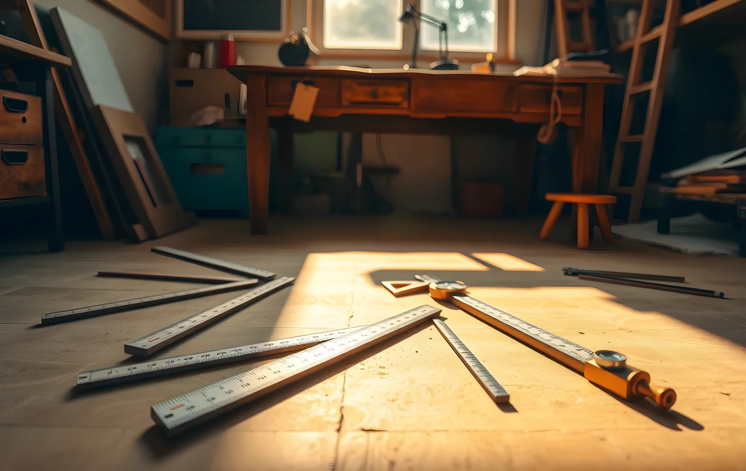 A sunlit workshop floor with scattered drafting rulers, brass calipers, and a vintage magnifying lamp resting on a worn oak table. Dust motes hang in the warm afternoon light, emphasizing the tactile geometry of measurement tools