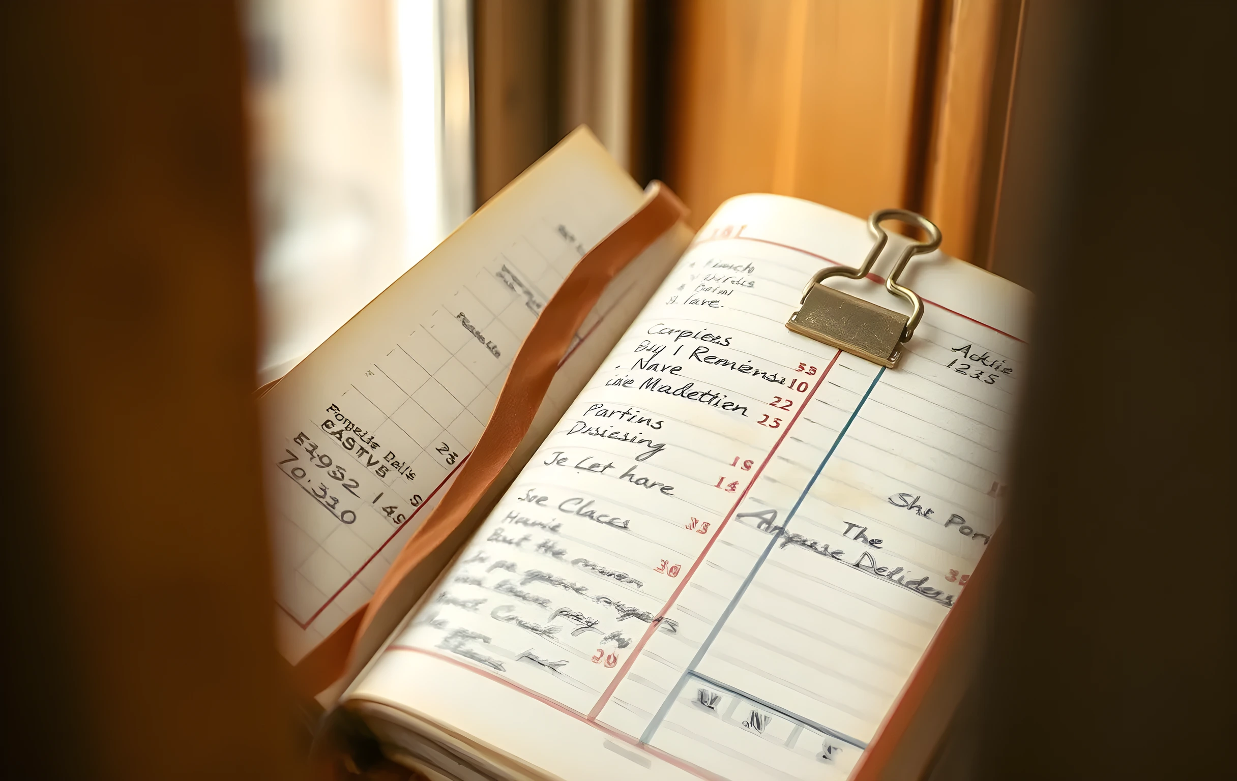 A macro shot of a weathered leather-bound journal open to a page filled with handwritten grid coordinates and faded ink annotations. The texture of the paper fibers and the metallic sheen of a brass paperclip catch the soft light