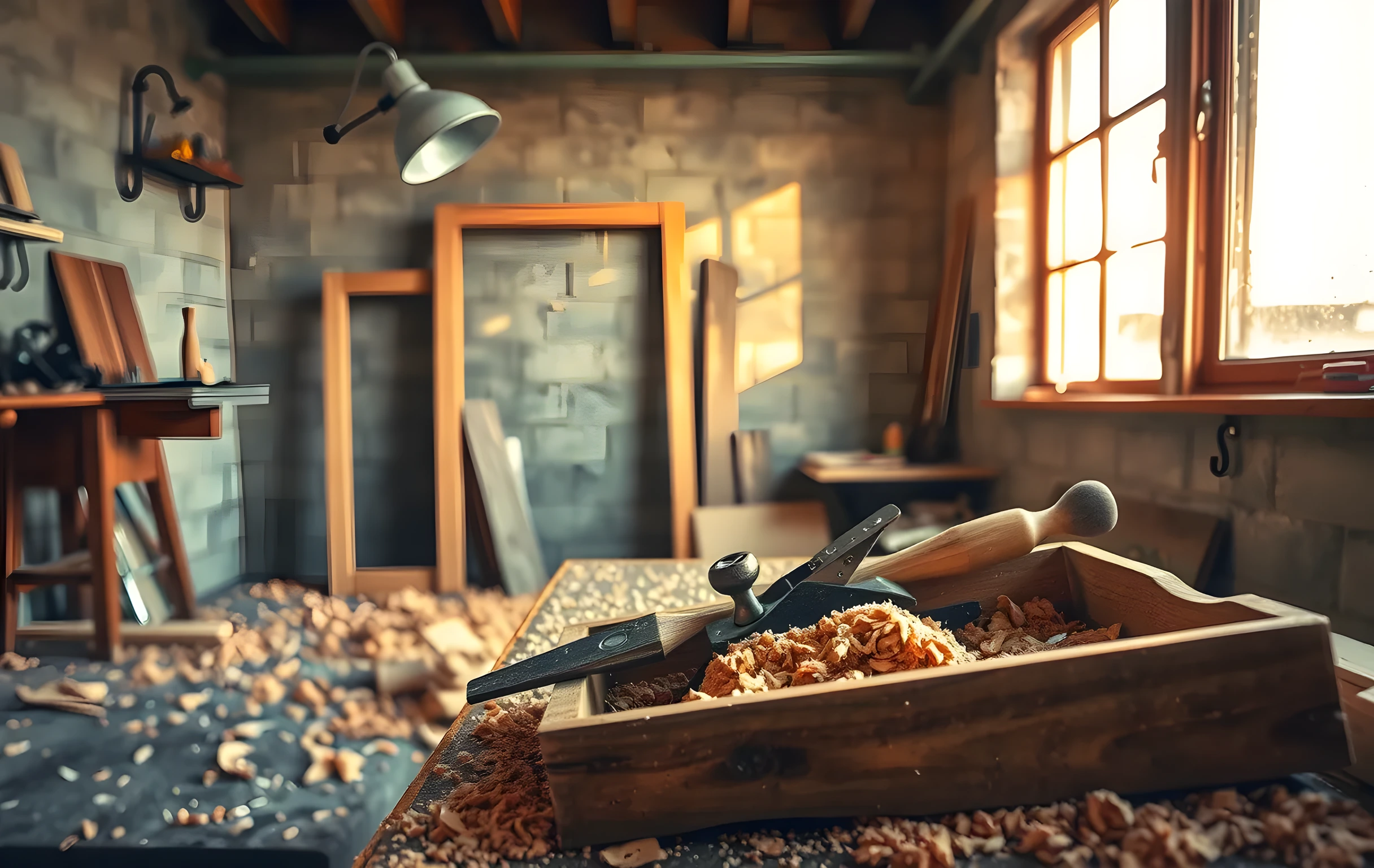 A sunlit small workshop bench in a converted garage, warm amber light from a single metal work lamp illuminating scattered wood shavings, a half-finished oak frame leaning against the cinder-block wall, hand planes and chisels resting in an open wooden tray, dried sawdust catching the low afternoon light through a dusty window, no people, no text, warm editorial photography with shallow depth of field
