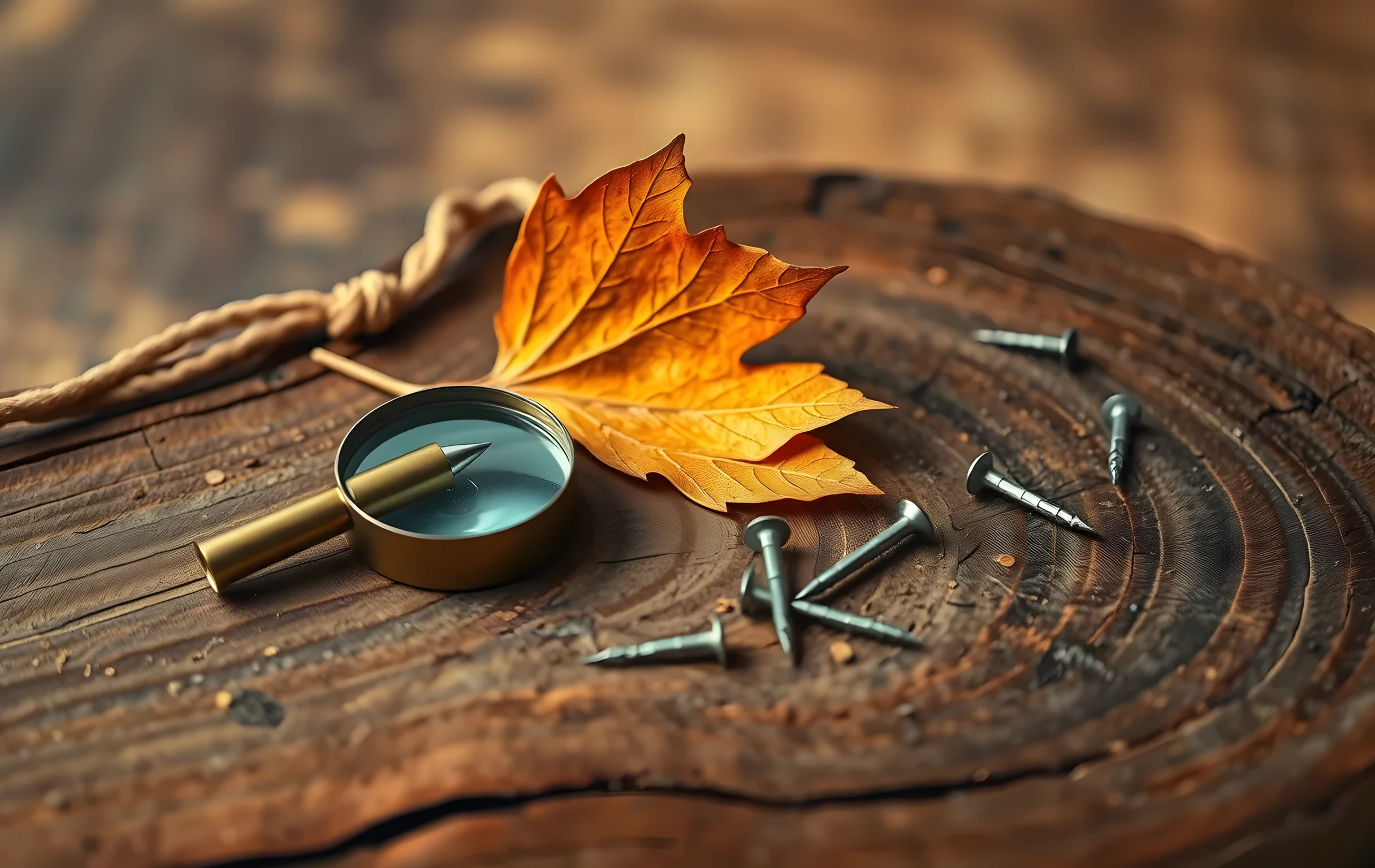 A close-up still life on rough aged walnut wood: a brass magnifying glass lying at a slight angle, three dried oak leaves arranged loosely beside it, a small coiled length of natural twine, and a few scattered iron tacks catching a single warm highlight, macro lens perspective with creamy bokeh background in muted amber and umber tones, no people, no text, tactile editorial photography