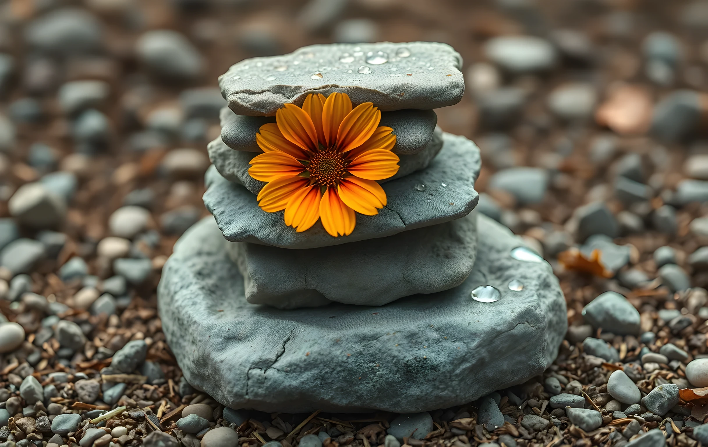 Un primer plano ajustado de piedras rugosas erosionadas por el río apiladas en un pequeño cairn de tres niveles descansando sobre tierra compacta desnuda, una sola flor silvestre seca de color naranja óxido presionada entre las dos piedras planas superiores, rocío matutino atrapado en las superficies de las piedras, luz difusa suave de nubes desde arriba, tonos grises apagados y ámbar cálido, profundidad de campo poco profunda, sin personas, sin texto