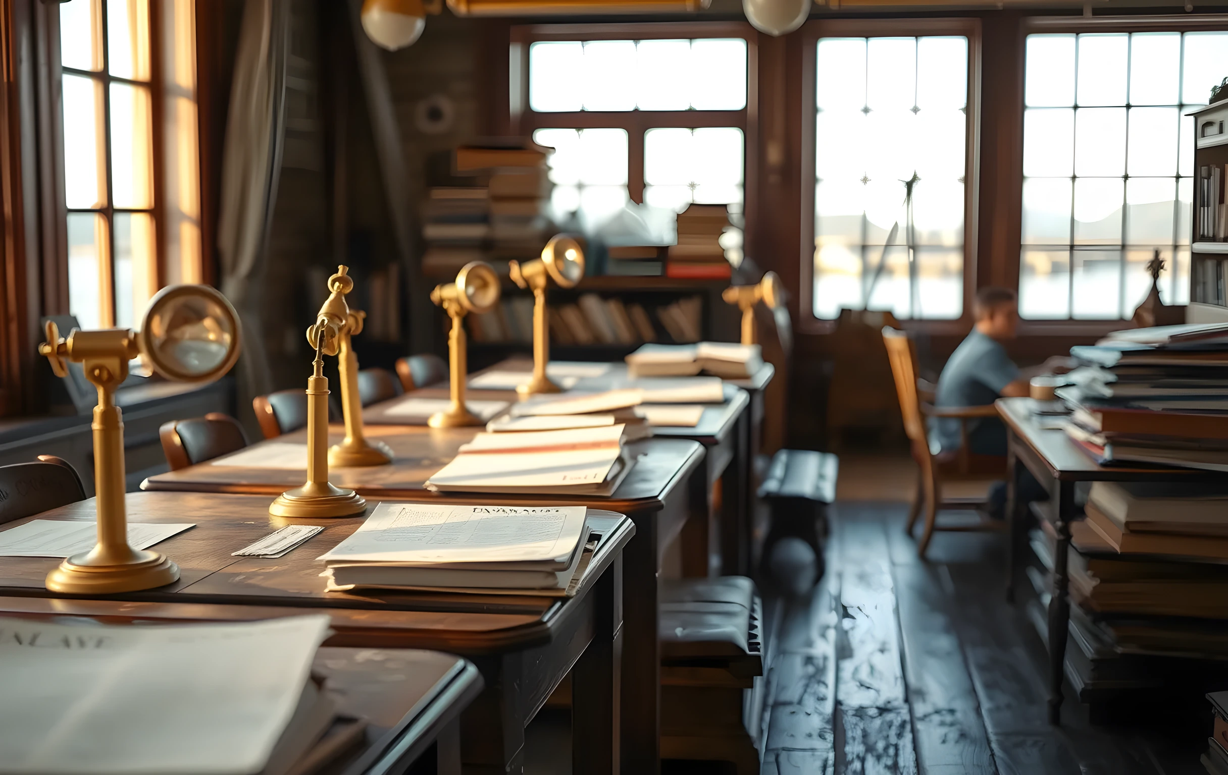 Una tranquila sala de archivo costera con mesas de lectura de madera desgastada, lámparas de aumento de latón, tarjetas de índice de archivo apiladas y ventanas altas con vistas a un puerto tranquilo. Fotografía editorial cálida, luz natural, texturas tangibles de papel envejecido y veta de la madera