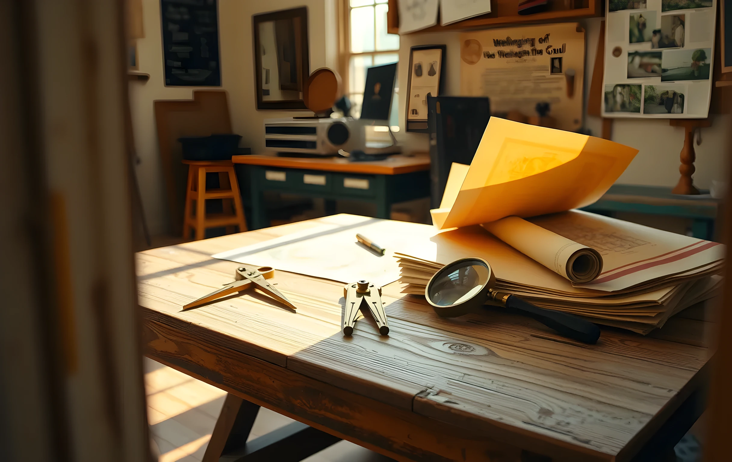 Una toma amplia del entorno de una mesa de taller de madera desgastada y bañada por el sol en un estudio costero tranquilo, cubierta con compases de dibujo de latón dispuestos ordenadamente, mapas de pergamino enrollados y una lupa vintage apoyada junto a una pila de impresiones botánicas envejecidas. La suave luz de la mañana proyecta largas y cálidas sombras sobre la superficie texturizada