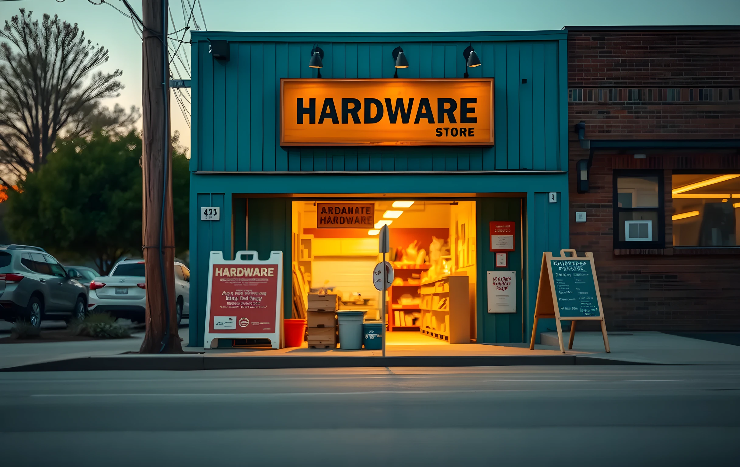 A wide-angle shot of a quiet neighborhood hardware store at dawn, with warm interior light spilling onto the sidewalk and a simple wooden sign, captured from across the street to emphasize scale and context