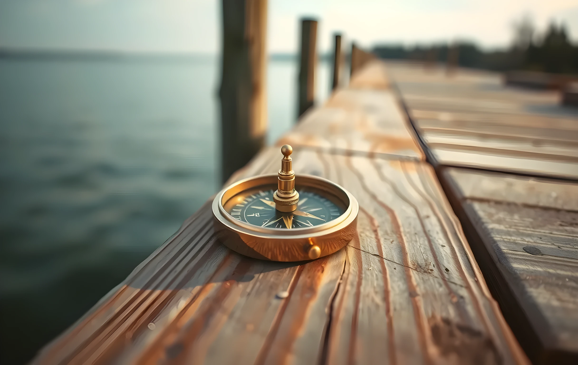 A close detail of a brass magnetic compass resting on a weathered wooden dock, with calm water and distant trees in the background, focused tightly on the needle and wood grain