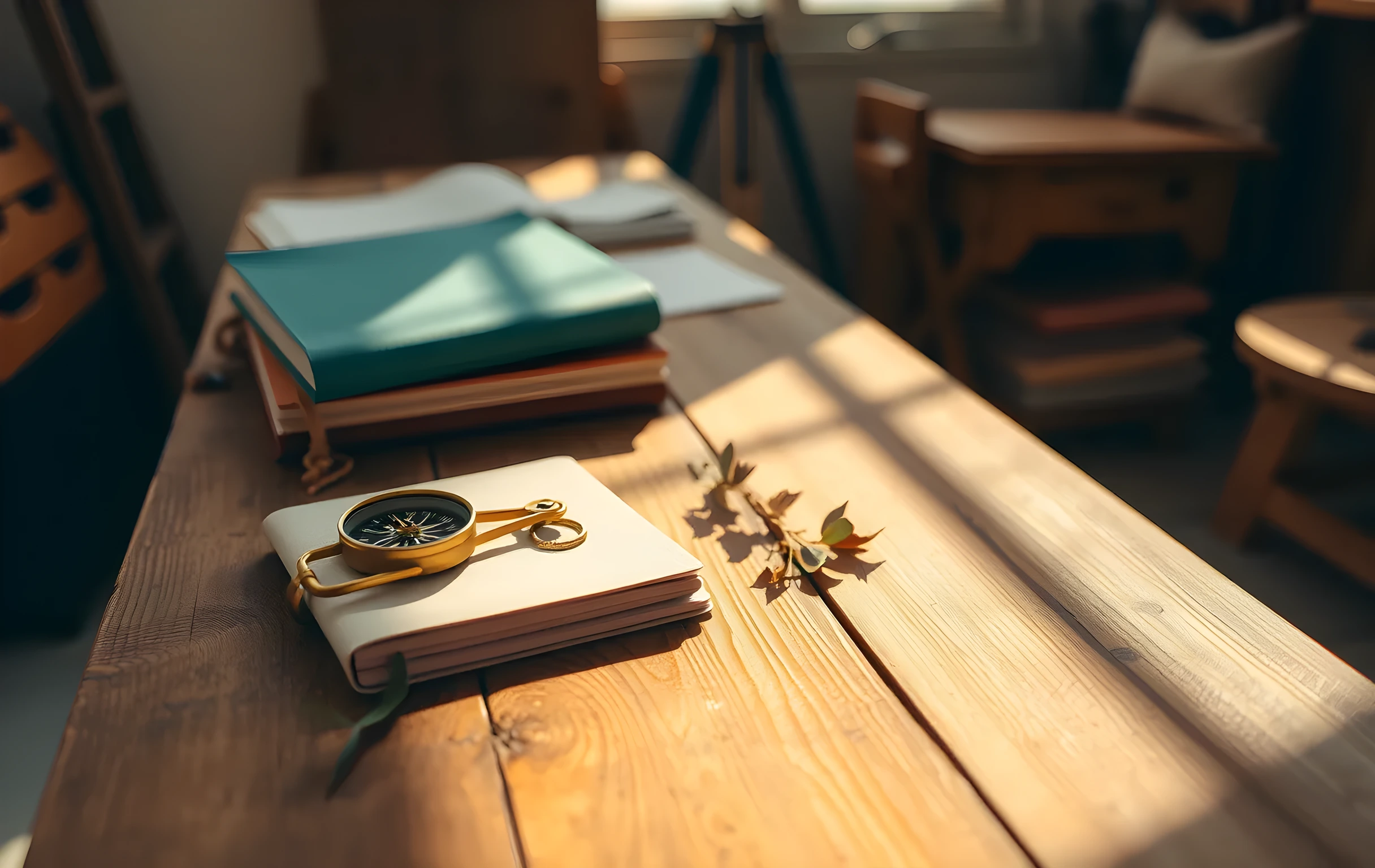 A weathered wooden workbench in a sunlit studio holds a brass compass, a stack of linen-bound notebooks, and a single dried eucalyptus sprig; warm directional light casts long soft shadows across the grain